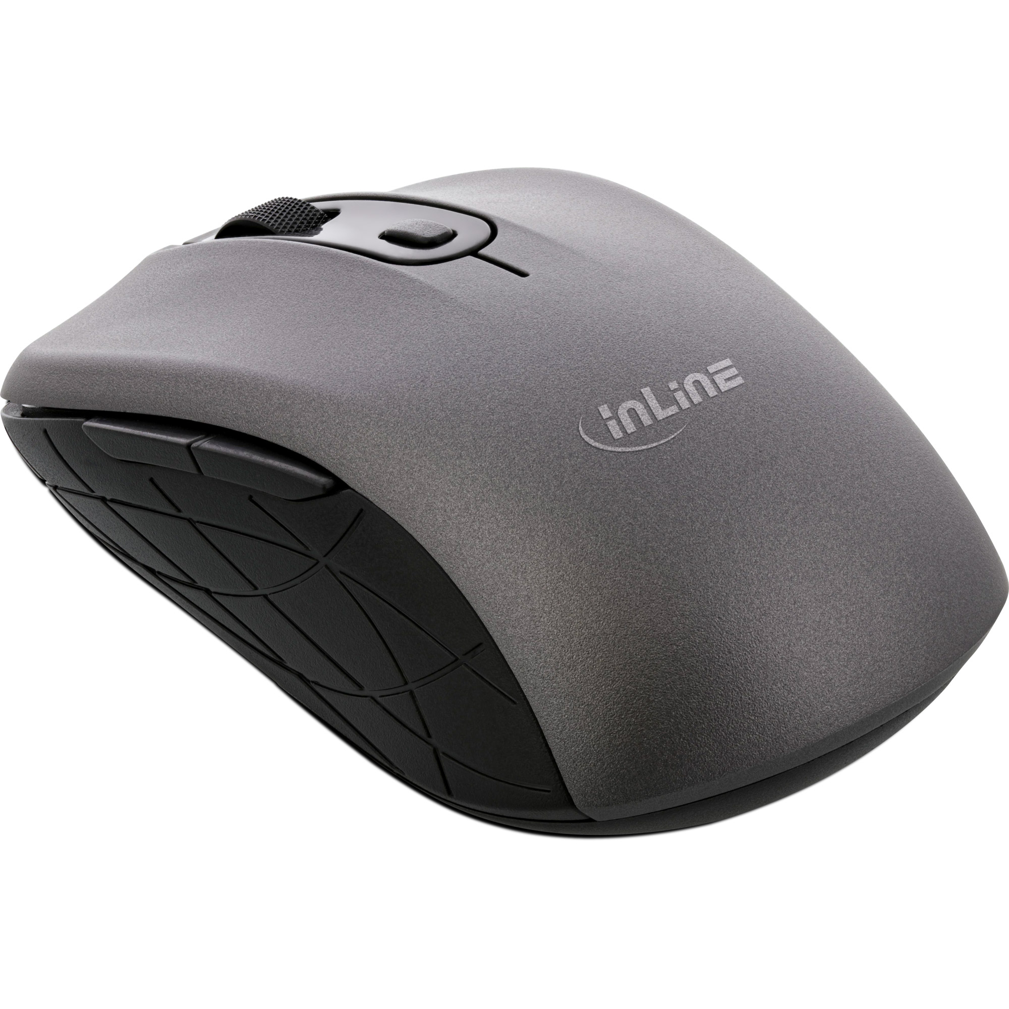 Gray InLine computer mouse with scroll wheel and buttons on a white surface.