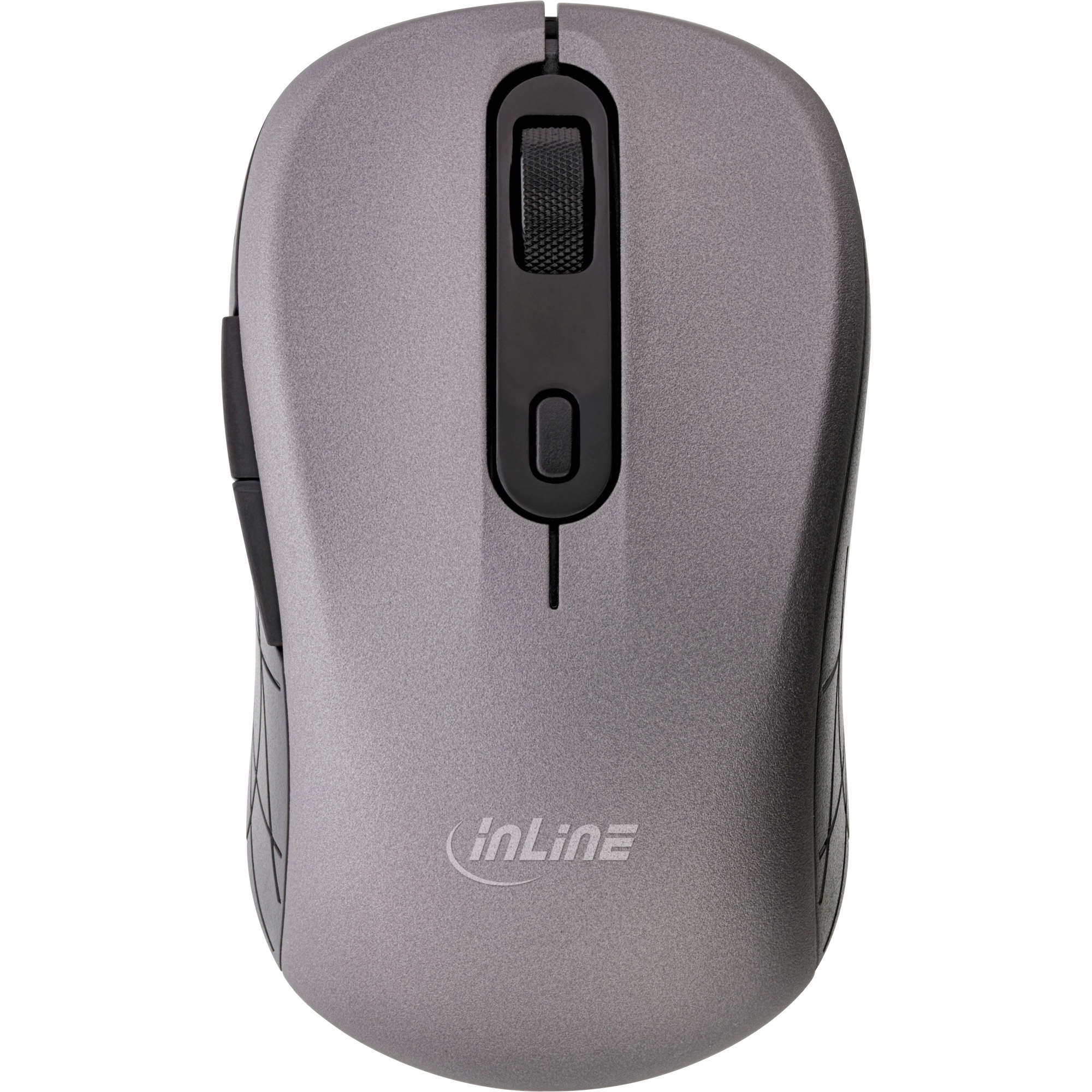 A gray computer mouse with a black scroll wheel and InLine logo on top against a white background.