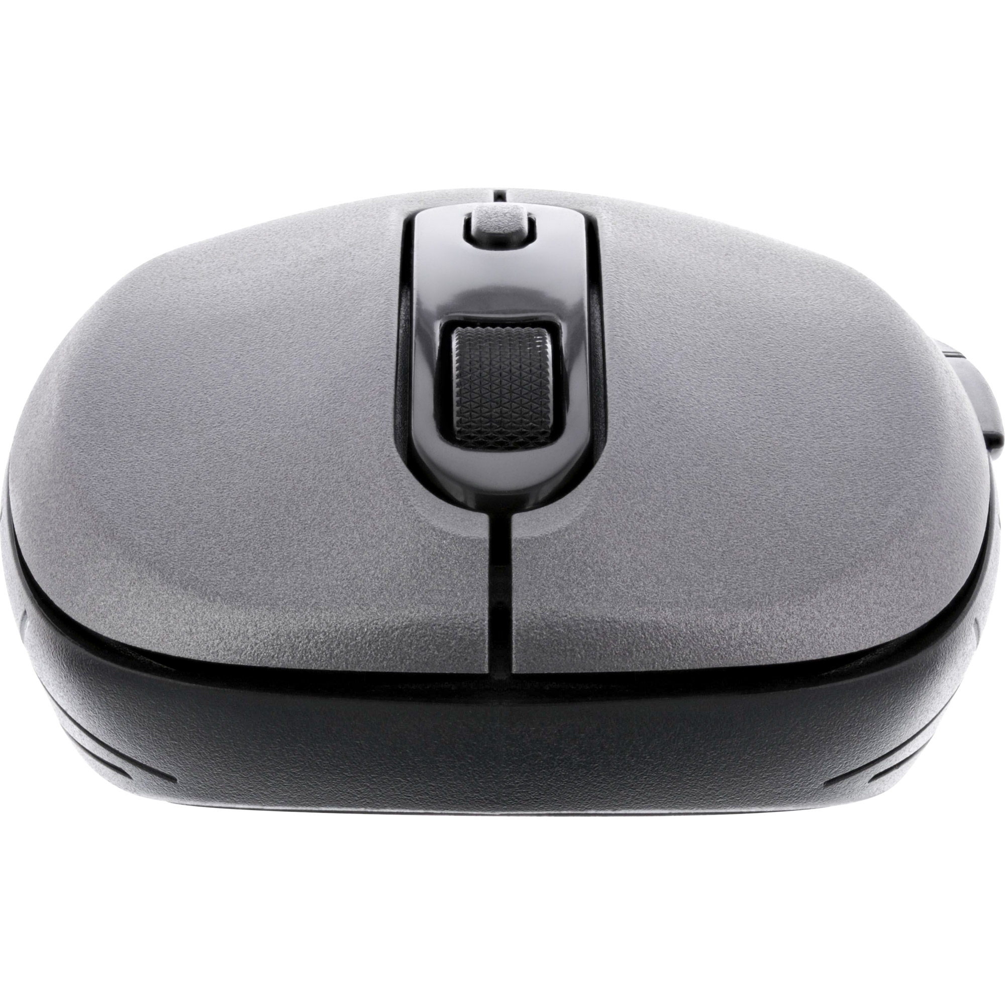 A grey computer mouse with a black scroll wheel and accents on a white background.