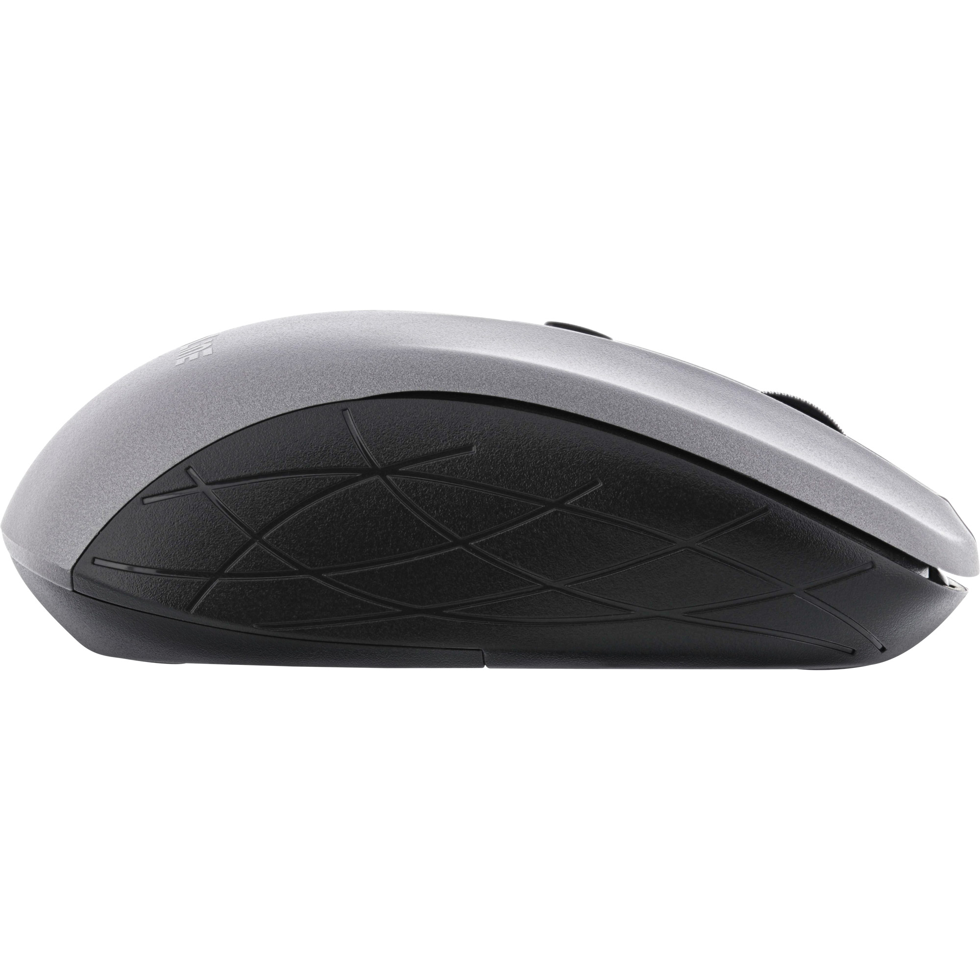 A grey and black computer mouse with a patterned side grip, viewed from the side on white.