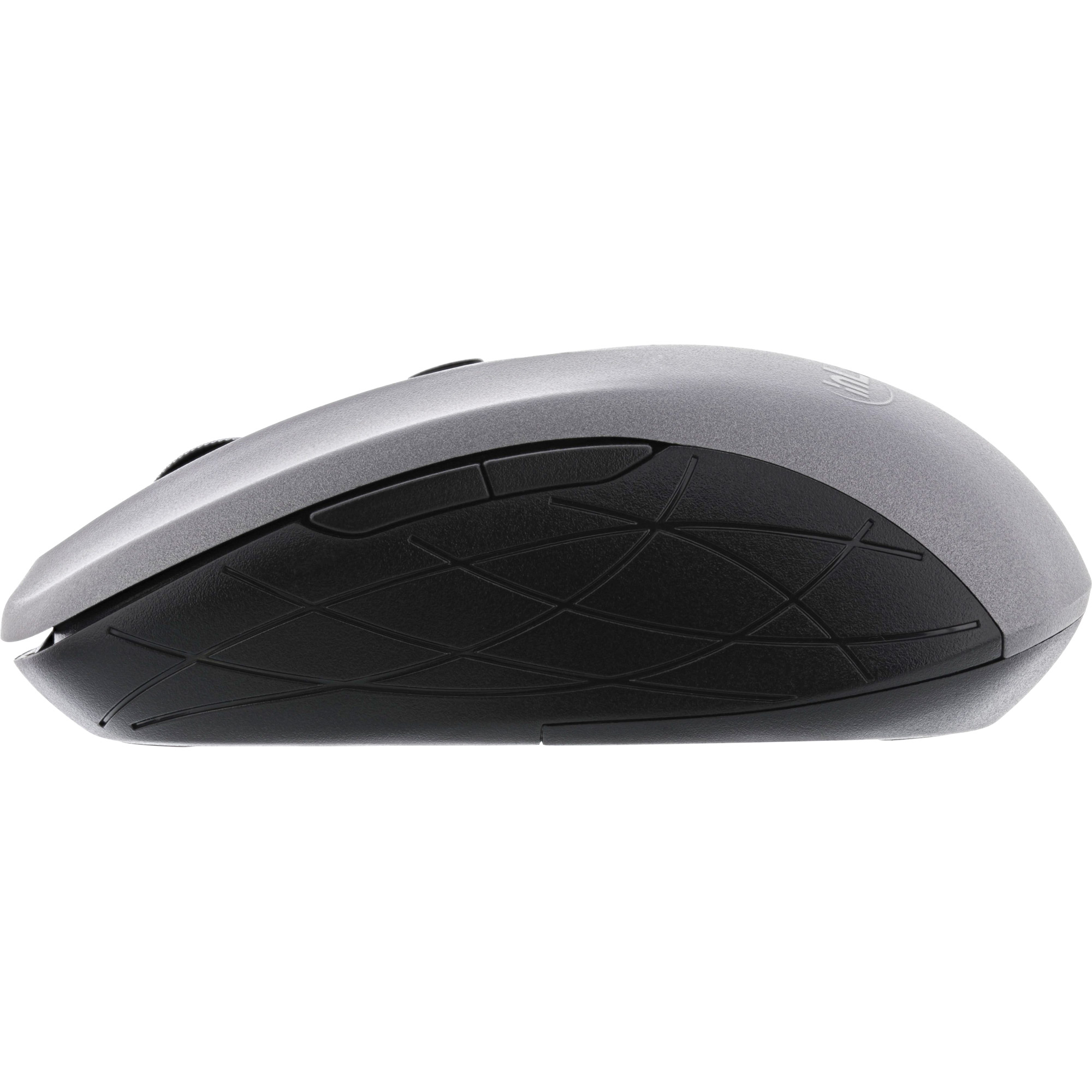 A side view of a grey and black wireless computer mouse on a white background.
