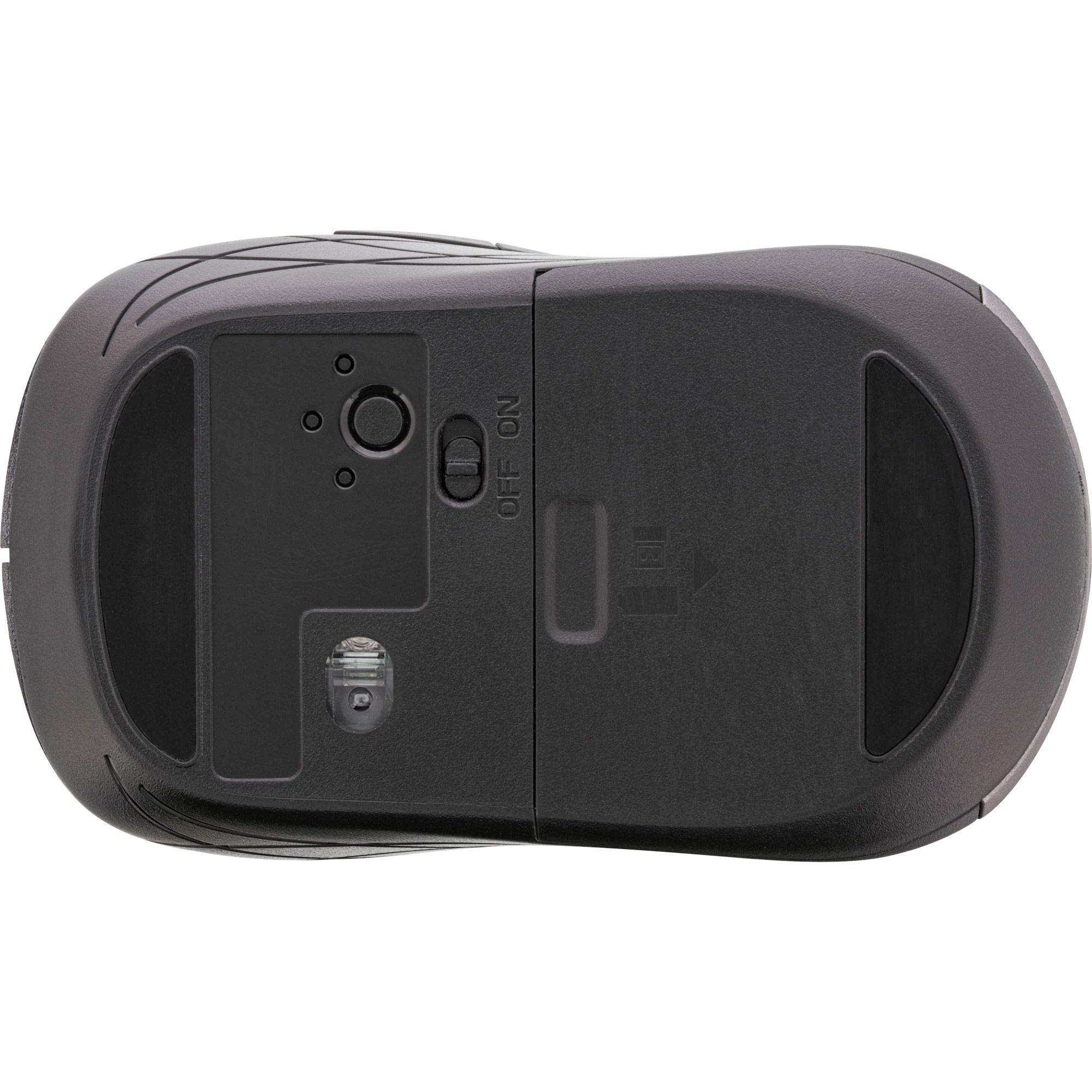 The underside of a black computer mouse shows an optical sensor, power switch, and battery compartment.