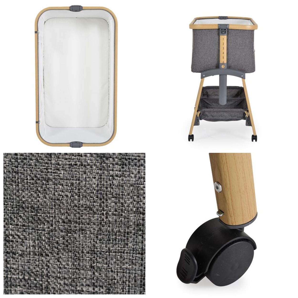 Graue Babywiege mit Holzrahmen, Textilmuster und Rollen.