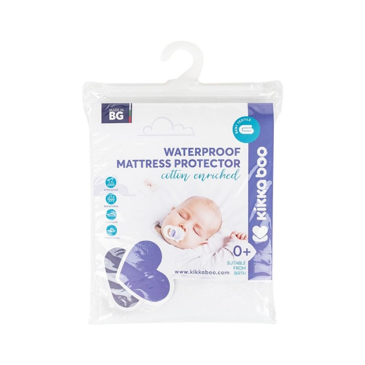 Verpackter wasserdichter Babymatzen-Schoner mit Bild eines schlafenden Babys und Text.