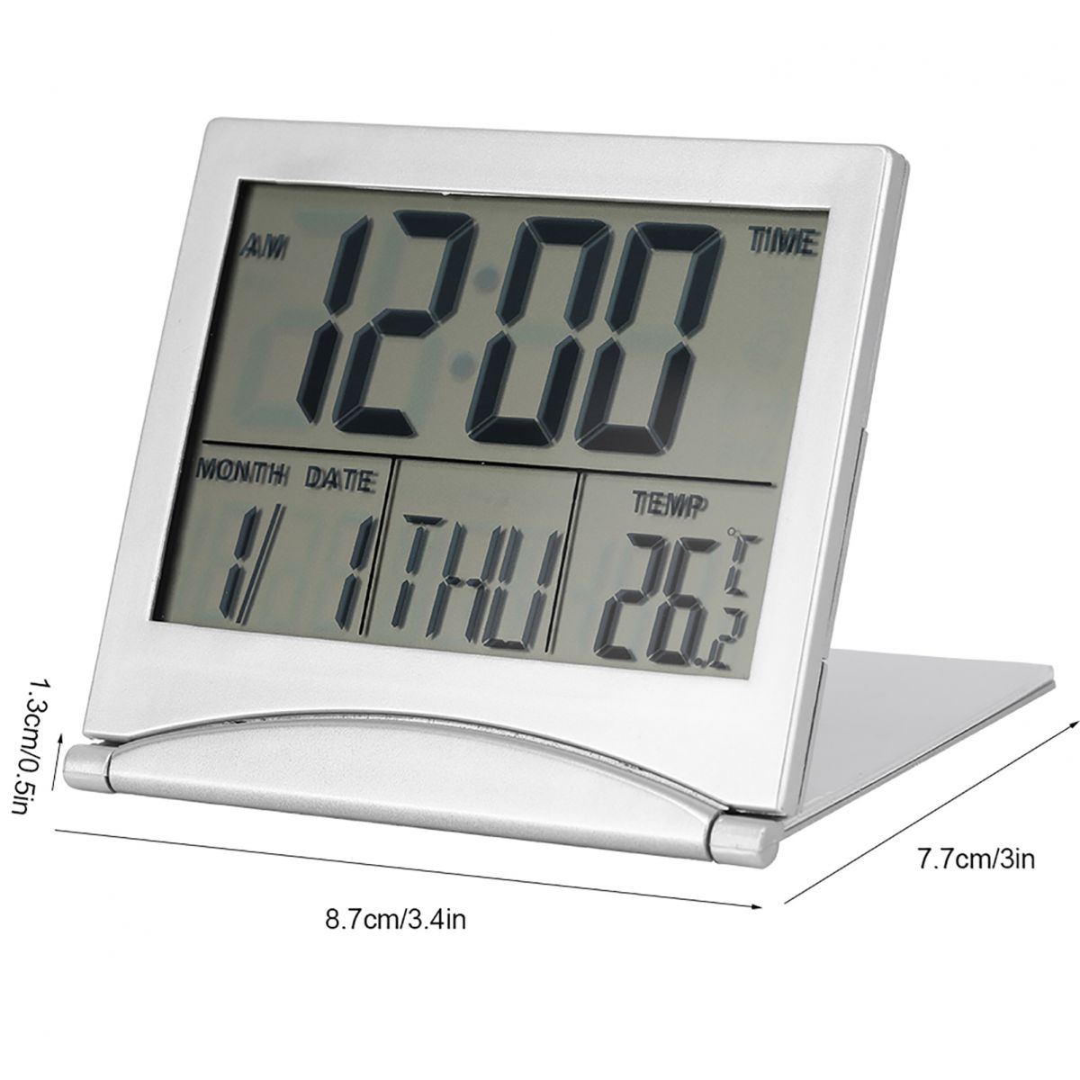 Silberner Digitalwecker mit Datum, Uhrzeit und Temperatur auf grauem Display und Maßen.
