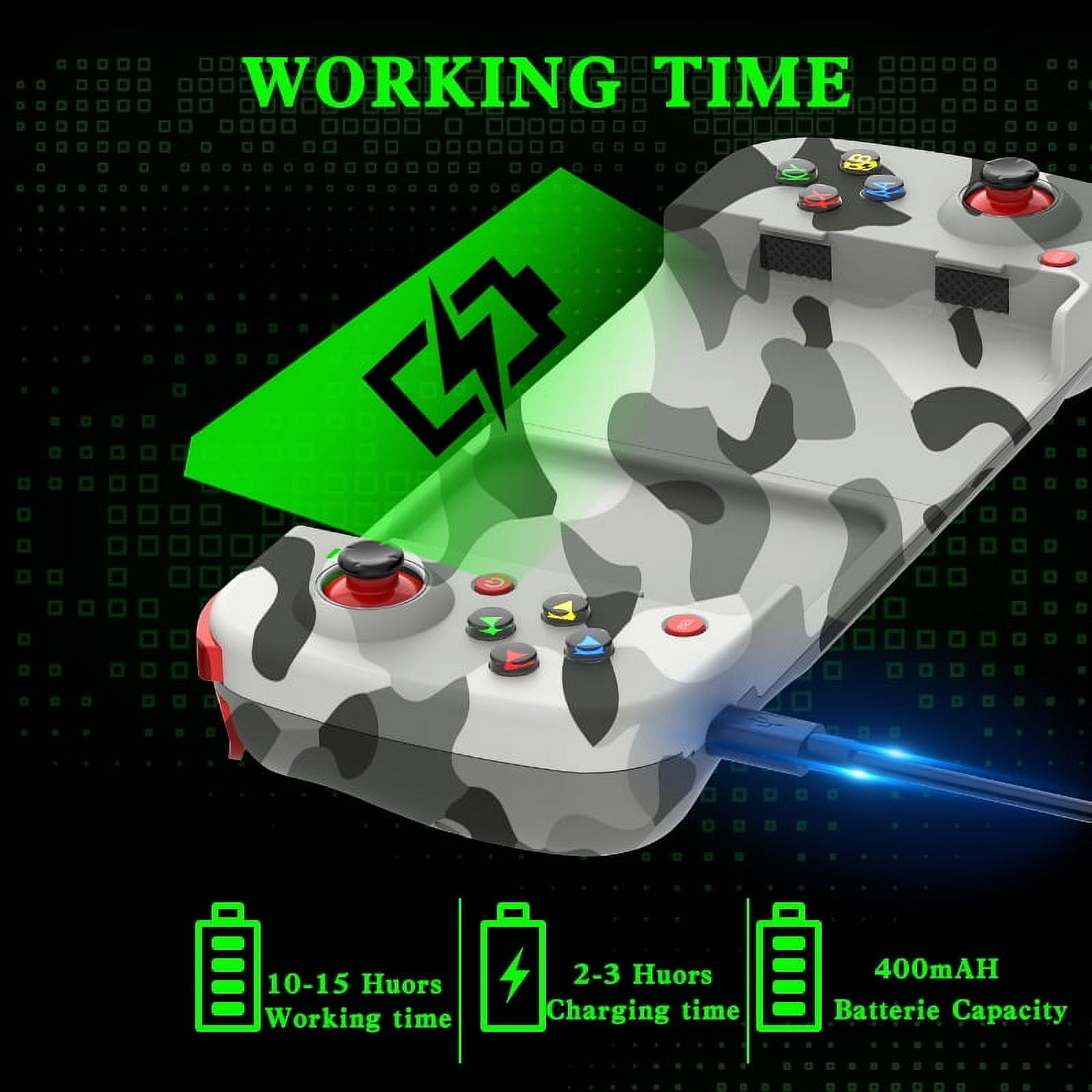 Tarnfarbener Gaming-Controller mit Ladekabel vor grünem Hintergrund und Batterie-Infos.