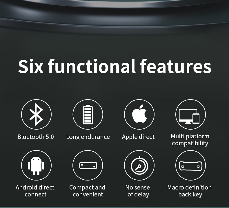 Grafik mit sechs Funktionsmerkmalen, einschließlich Bluetooth 5.0, langer Akkulaufzeit und Plattformkompatibilität.
