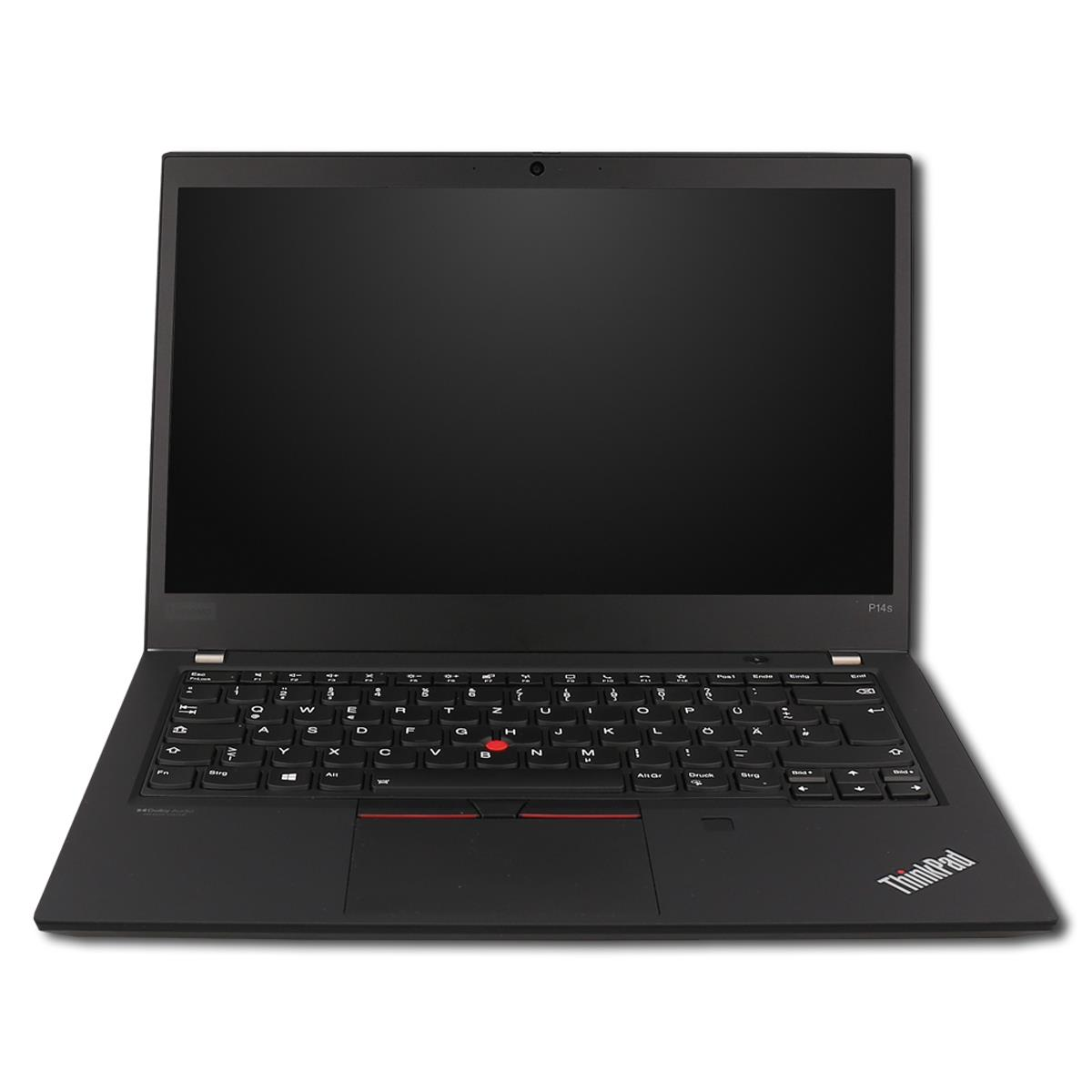 Ein offener schwarzer Lenovo ThinkPad Laptop auf weißem Hintergrund mit beleuchteter Tastatur.