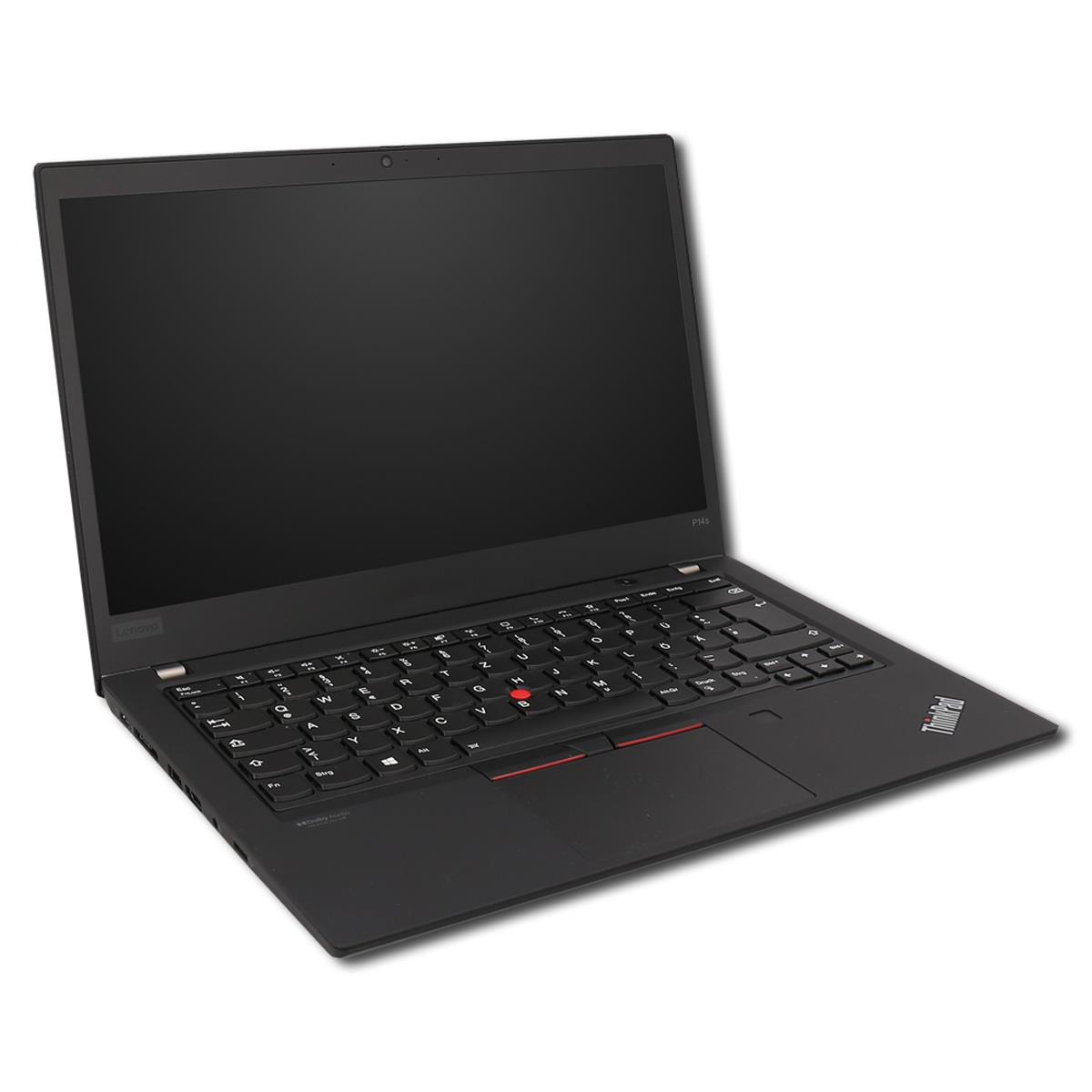 Ein schwarzer Lenovo ThinkPad Laptop mit geöffnetem Bildschirm steht auf einer weißen Oberfläche.