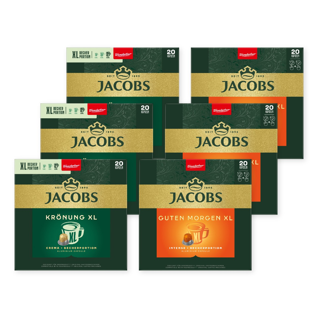 Sechs Jacobs Kaffeekapselverpackungen in grünen und orangen Tönen mit der Aufschrift Krönung XL und Guten Morgen XL.