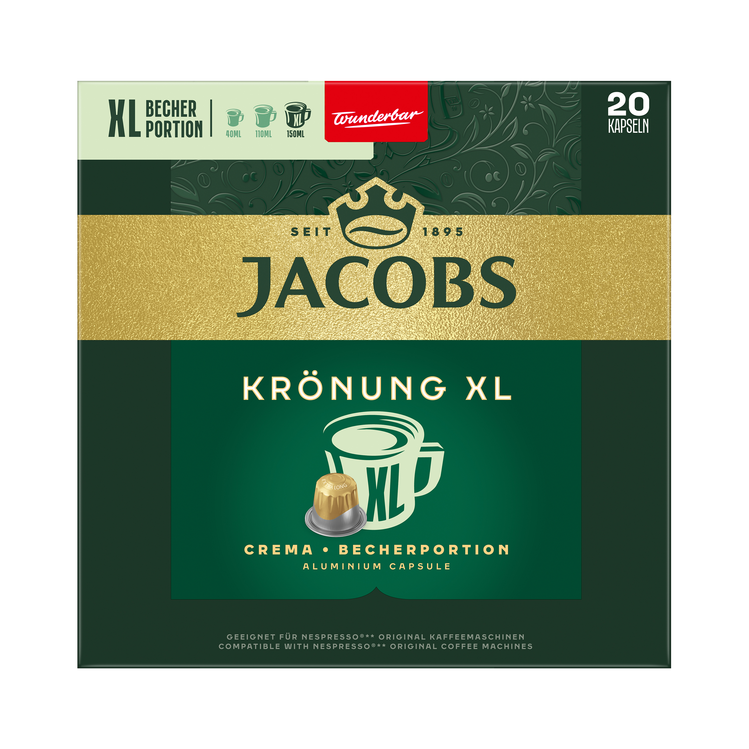 Grüne Jacobs Krönung XL Kaffeekapselverpackung für 20 Aluminium-Kapseln mit goldener Aufschrift und großer Tasse.