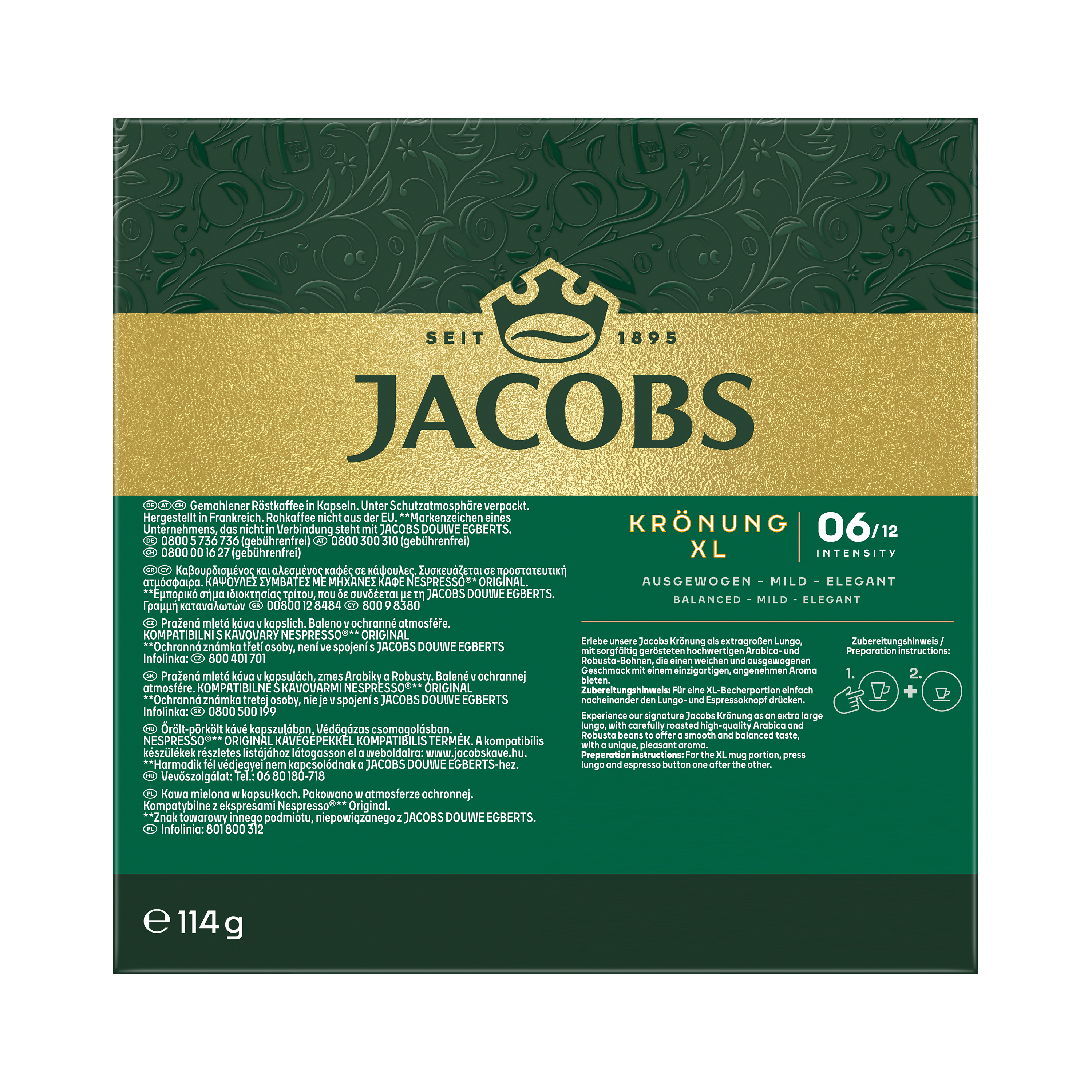 Grüne Jacobs Krönung XL Kaffeekapselverpackung mit goldenem Logo und Text.