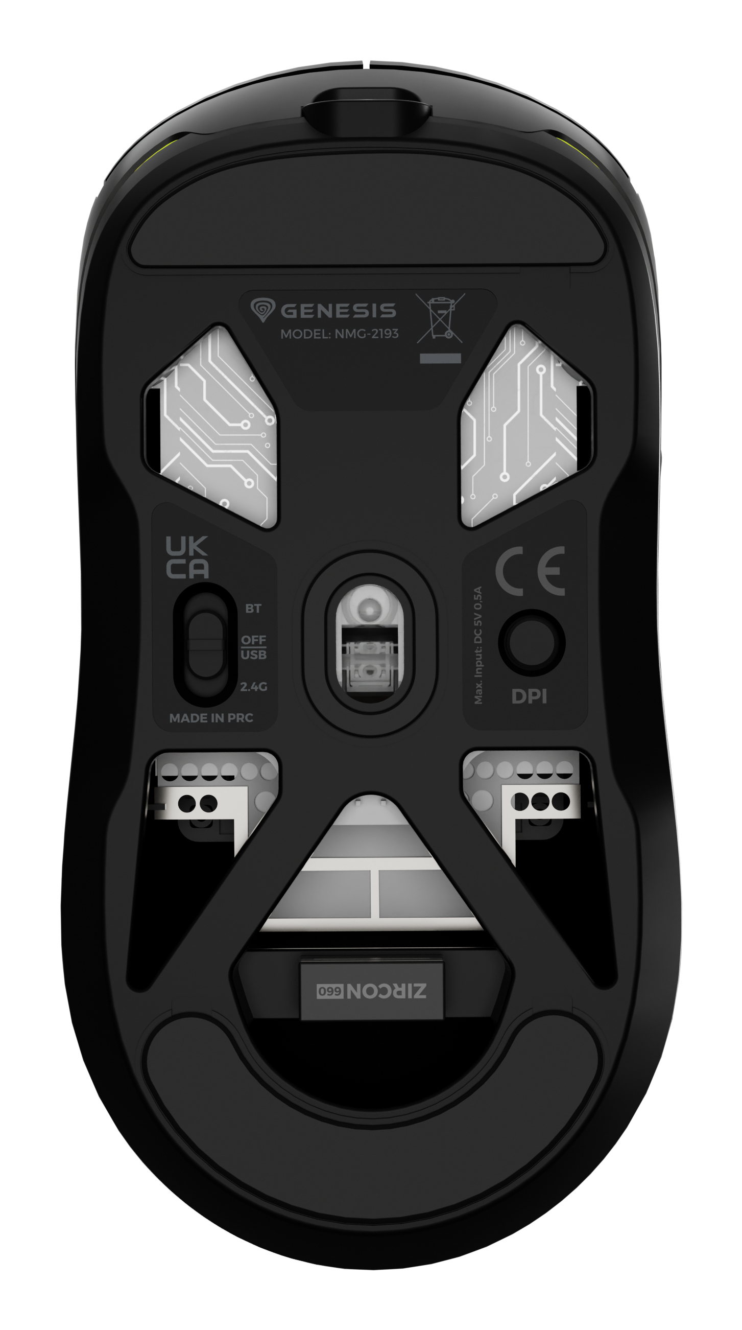 La parte inferior de un ratón de ordenador negro Genesis con sensor, interruptores y marca CE.