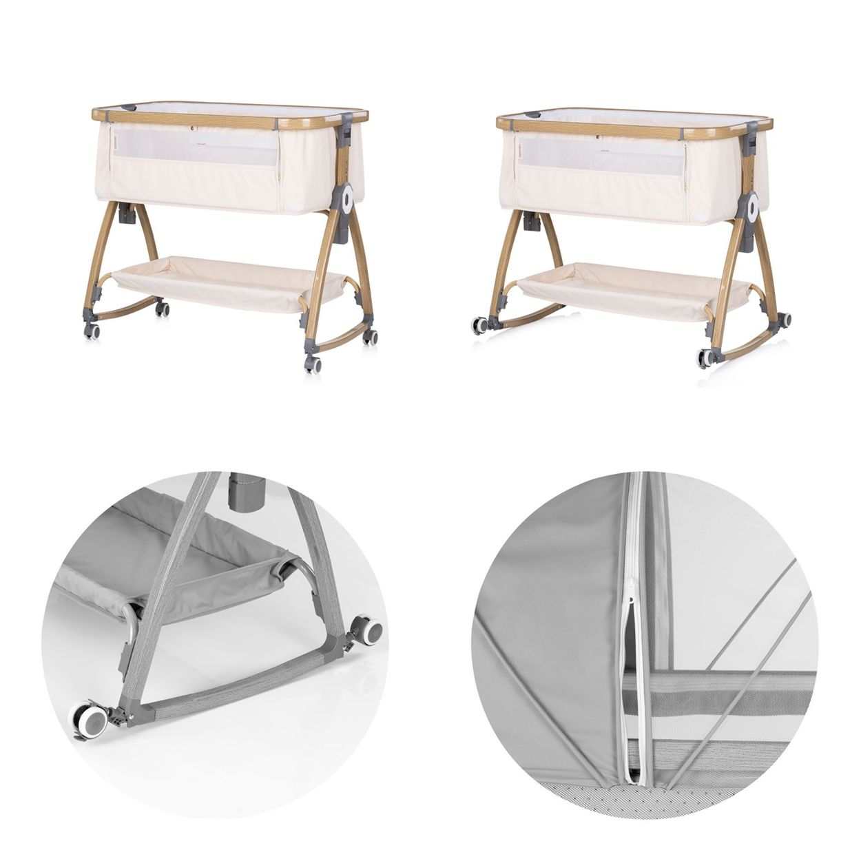 Beige Babywiege aus Holz mit Rollen und Aufbewahrungskorb, inklusive Detailaufnahmen von Rädern und Reißverschluss.
