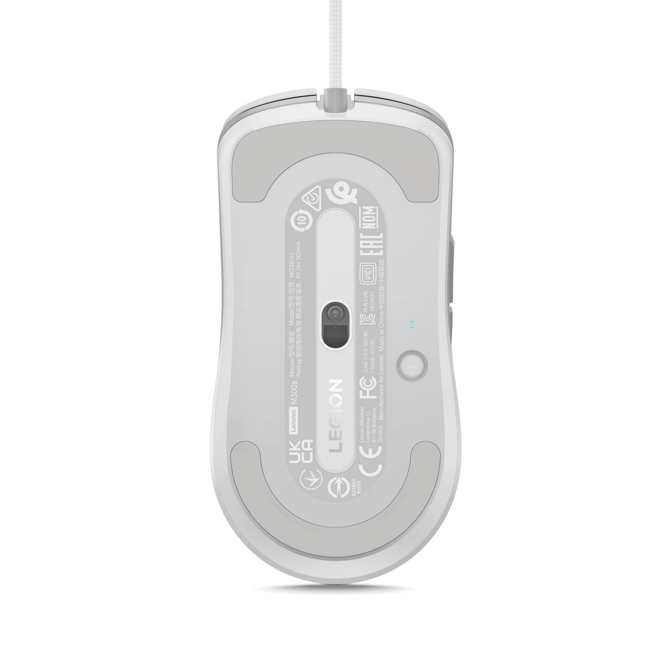 Parte inferior de un ratón gaming blanco Lenovo Legion M300s con sensores y etiquetas sobre fondo blanco.