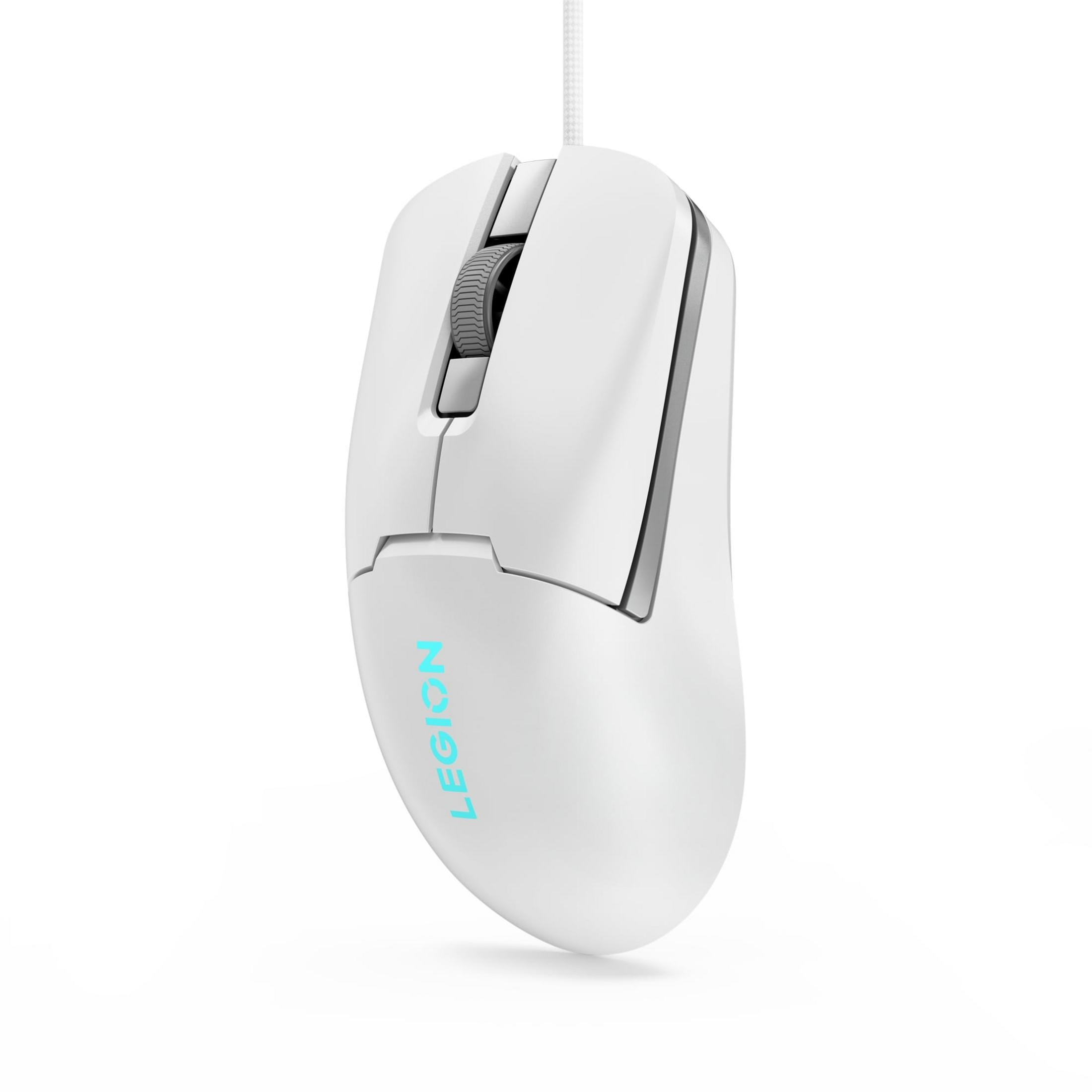 Un ratón gaming Lenovo Legion blanco con rueda gris y logotipo iluminado en azul sobre fondo blanco.