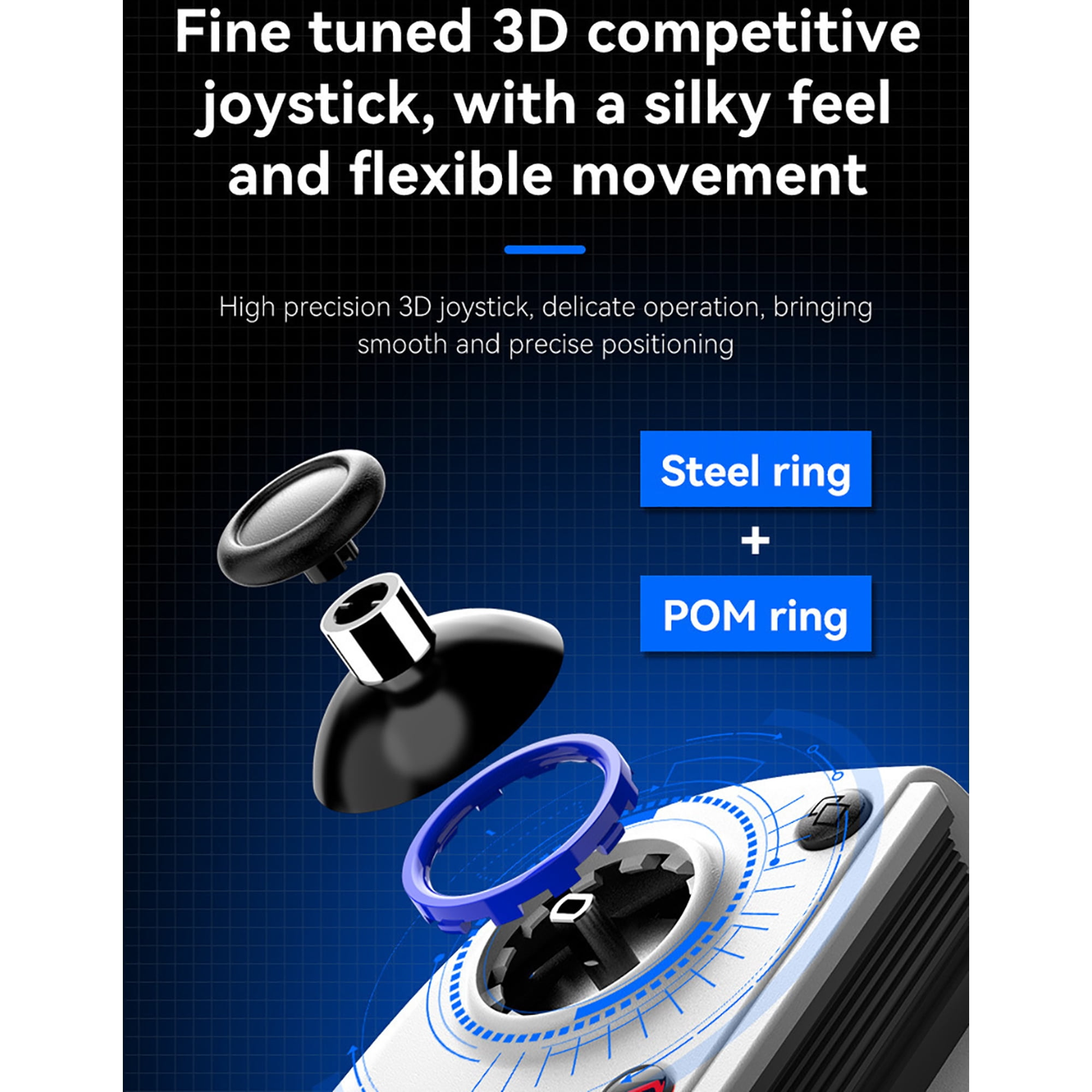 Produktwerbung für einen 3D-Joystick mit Stahl- und POM-Ringen auf blauem Hintergrund.