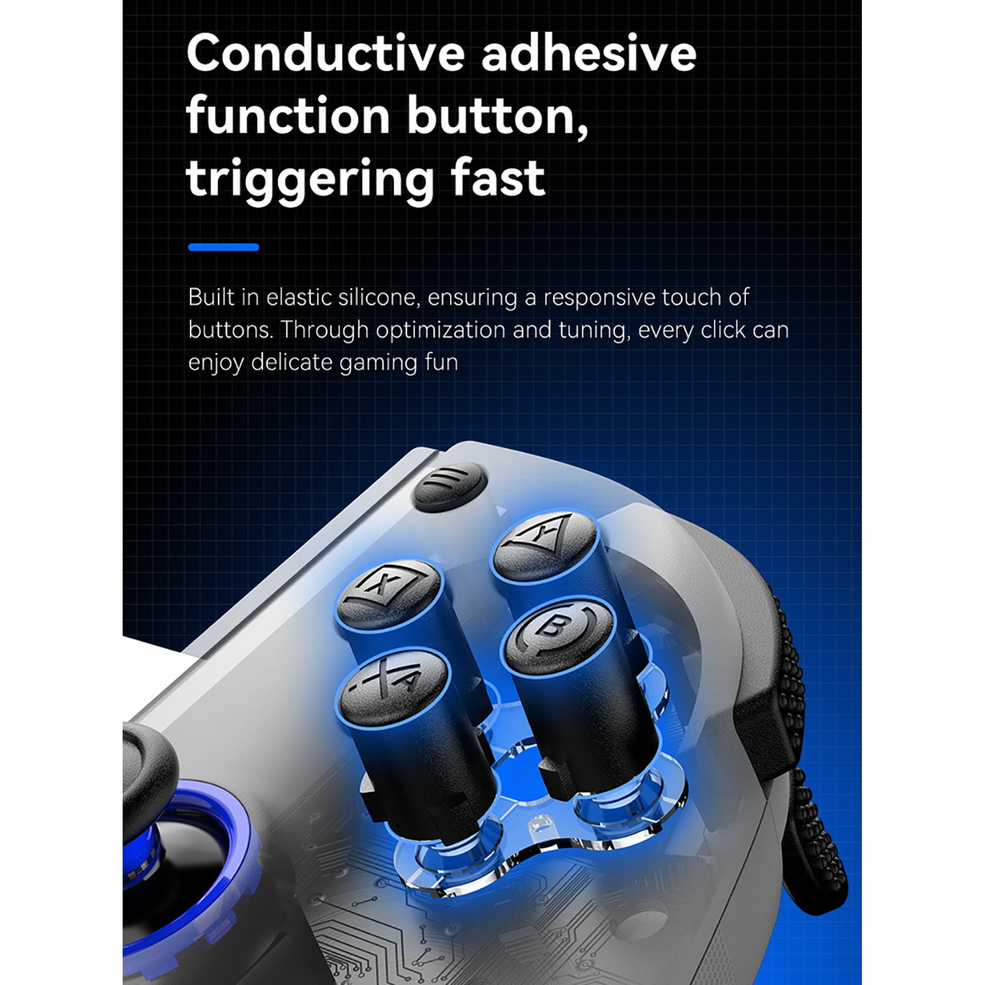 Nahaufnahme eines Gamecontrollers mit leitfähigen Silikon-Funktionstasten auf blauem Hintergrund.
