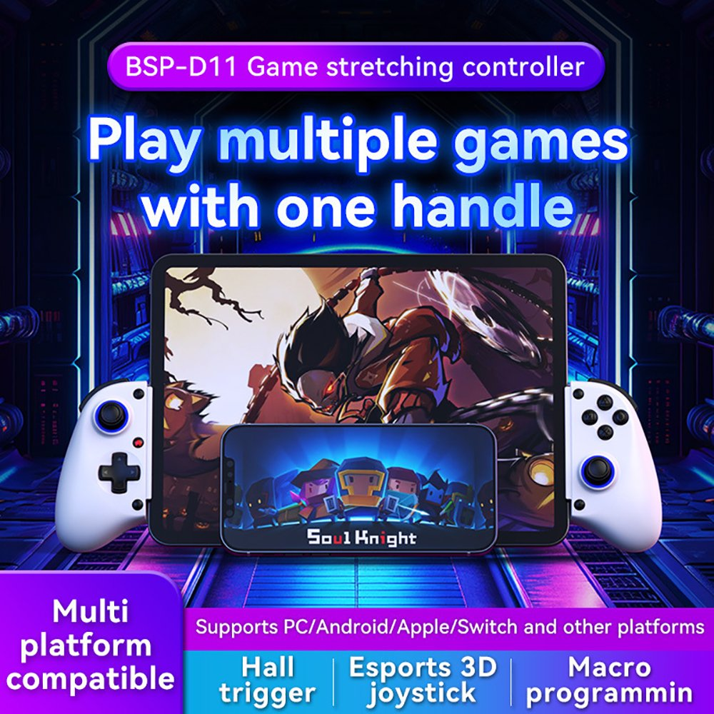 Werbebild für den BSP-D11 Game Controller mit Tablet und Smartphone auf blauem futuristischen Hintergrund.