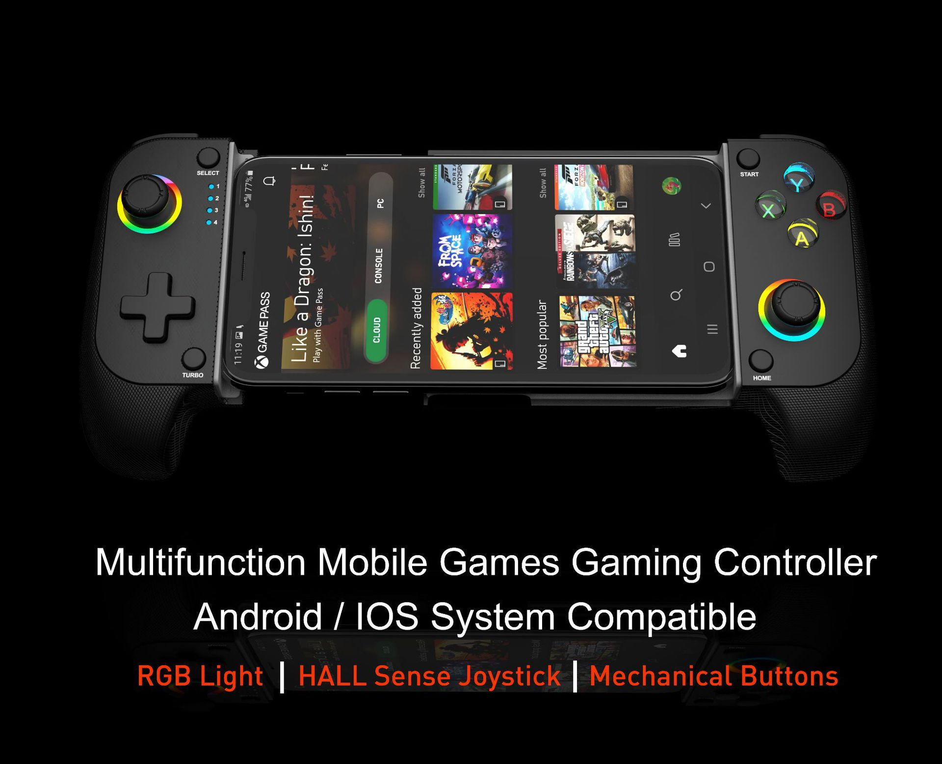 Ein schwarzer mobiler Gaming-Controller mit bunter RGB-Beleuchtung hält ein Smartphone mit angezeigtem Spiele-Menü.