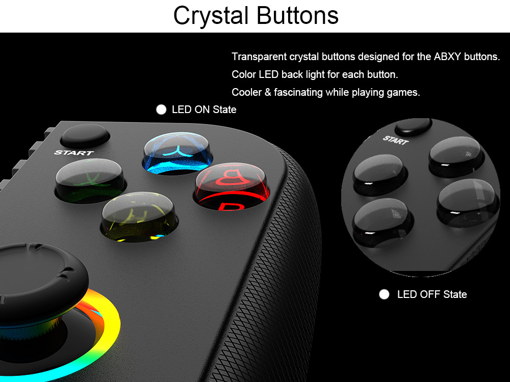Gamepad mit transparenten, leuchtenden Kristalltasten und einem beleuchteten Analogstick.