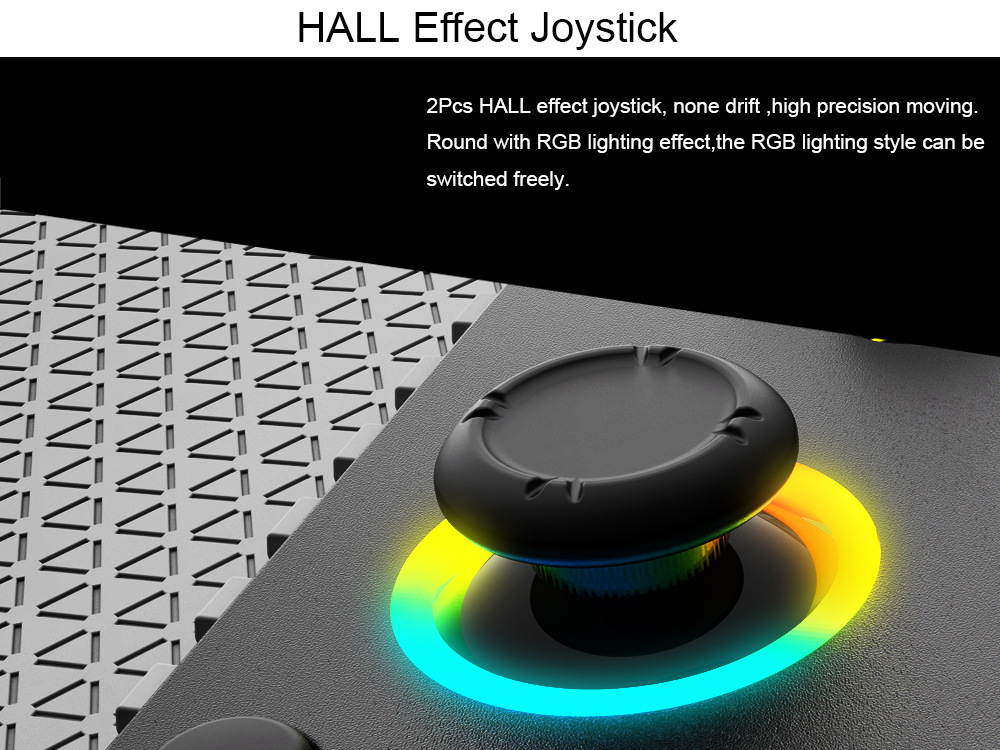 Ein schwarzer Hall-Effekt-Joystick mit kreisförmiger, leuchtender RGB-Beleuchtung auf einem strukturierten Gehäuse.