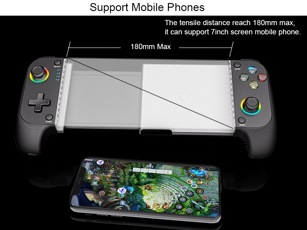 Ein schwarzer mobiler Controller mit 180 mm Dehnbarkeit und einem Smartphone mit Spiel.