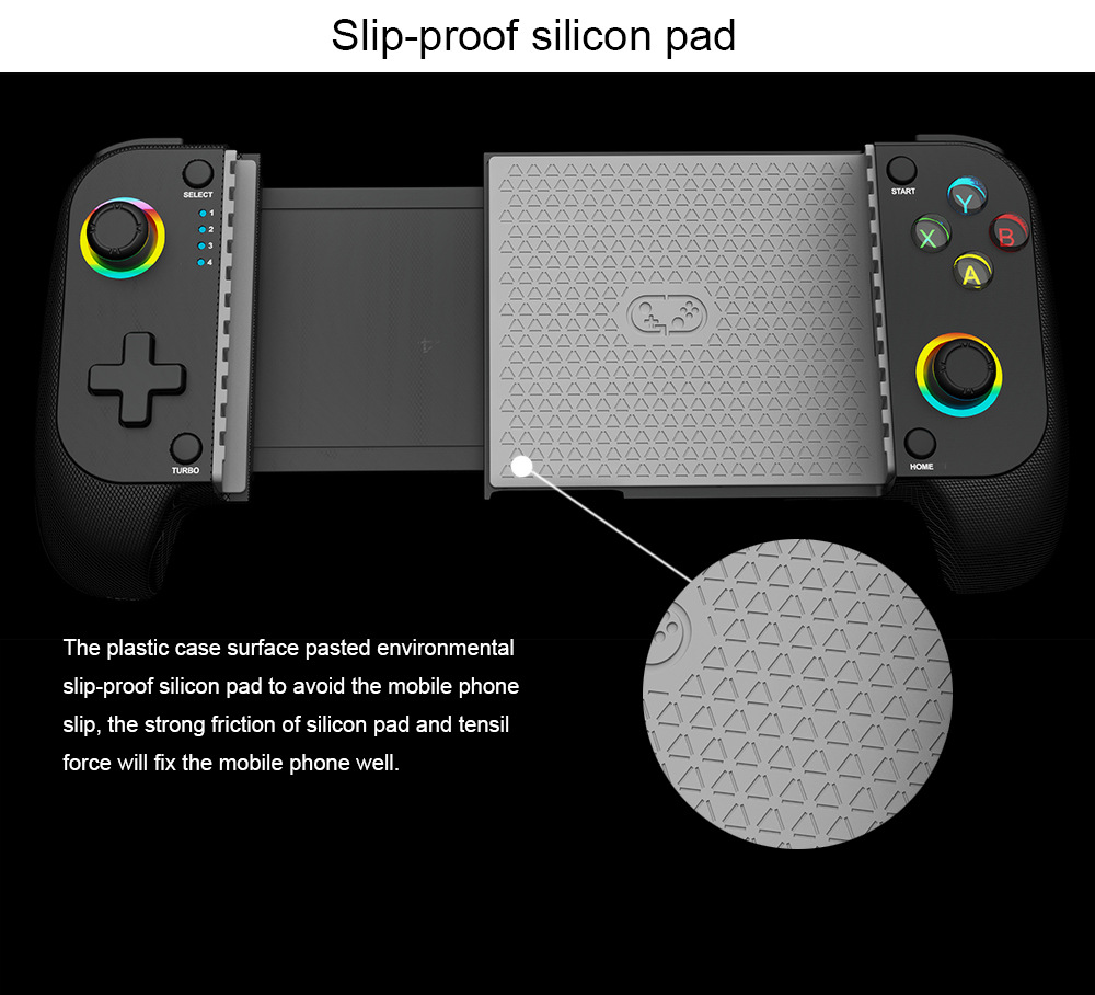 Mobiler Gaming-Controller mit rutschfester Silikonunterlage in der Mitte für sicheren Halt.