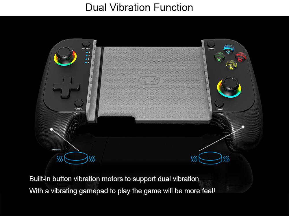 Schwarzer Handheld-Gamepad mit farbigen Tasten und dualer Vibrationsfunktion.