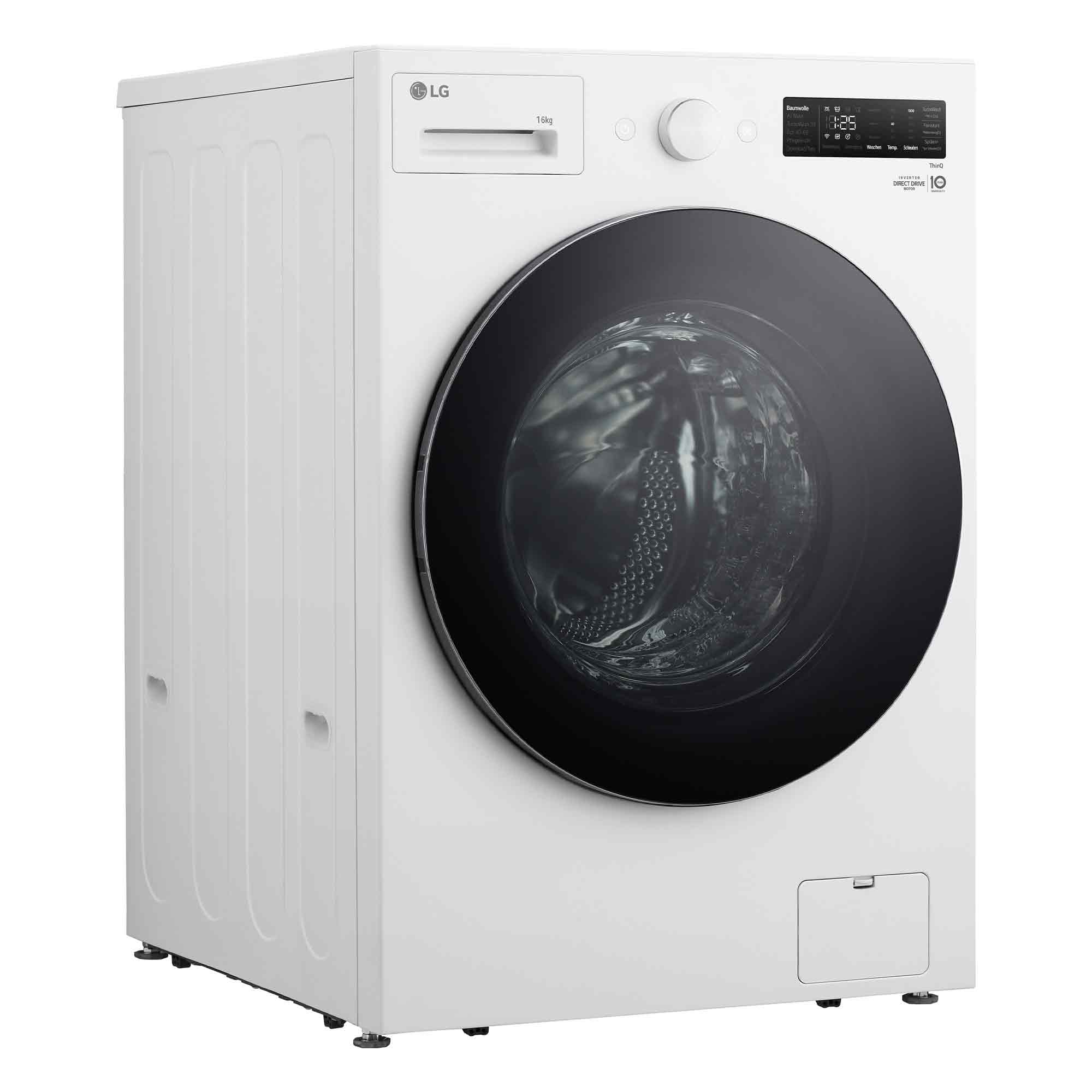 Eine weiße LG Frontlader-Waschmaschine mit schwarzer Herdtür und Digitaldisplay auf einem weißen Hintergrund.