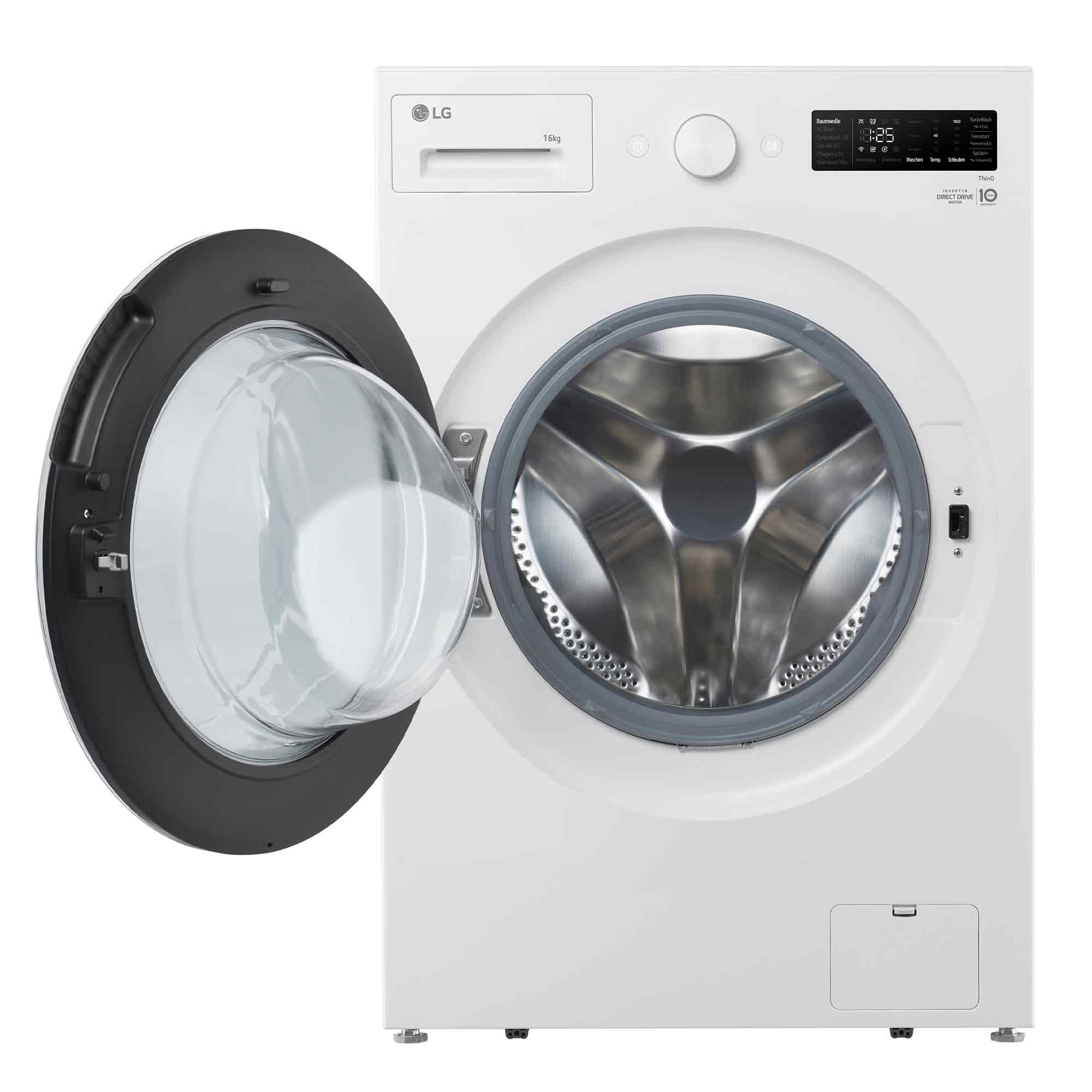 Eine weiße LG-Waschmaschine mit offener Tür und Einblick in die Edelstahltrommel vor weißem Hintergrund.