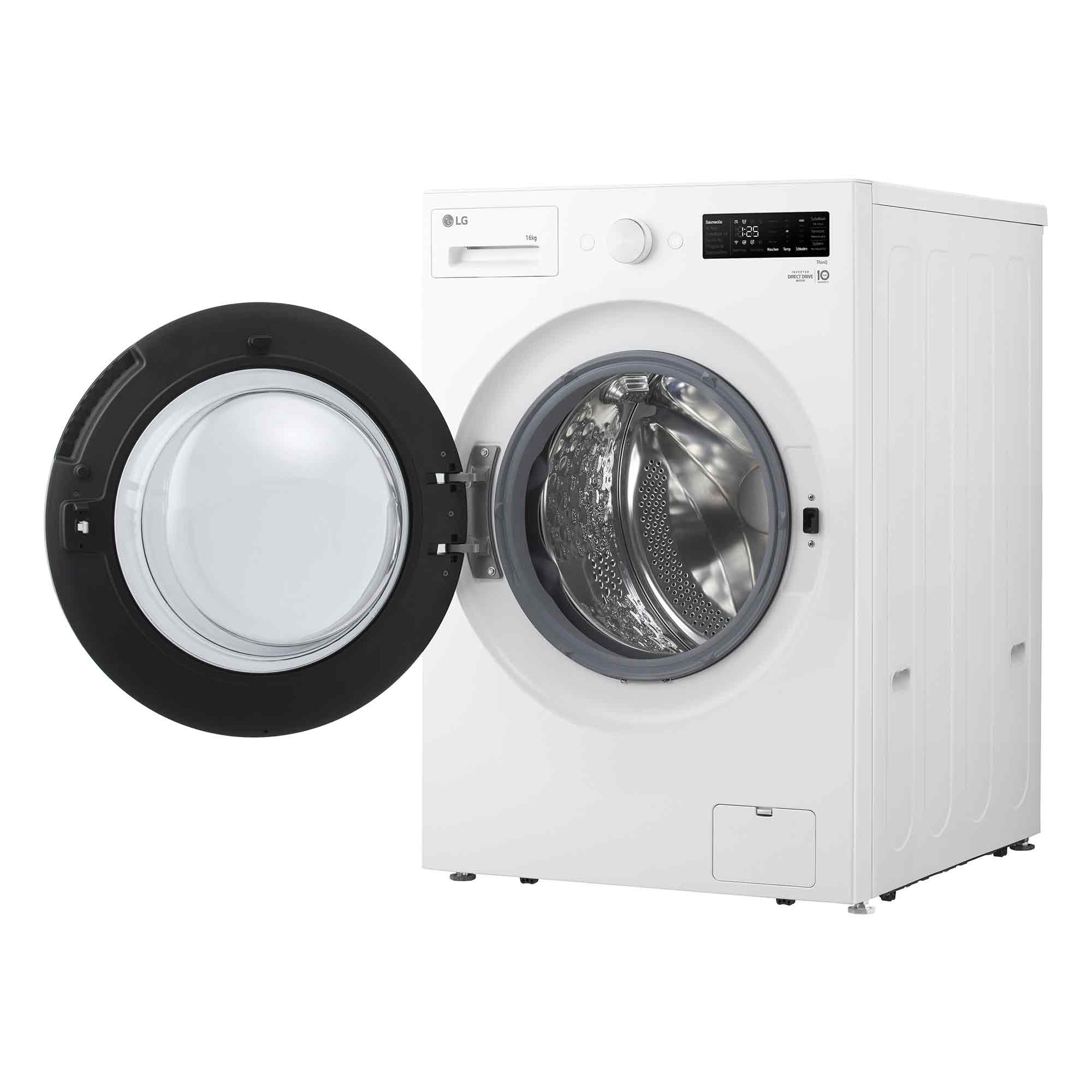 Eine weiße LG-Waschmaschine mit geöffneter schwarzer Glastür vor weißem Hintergrund.