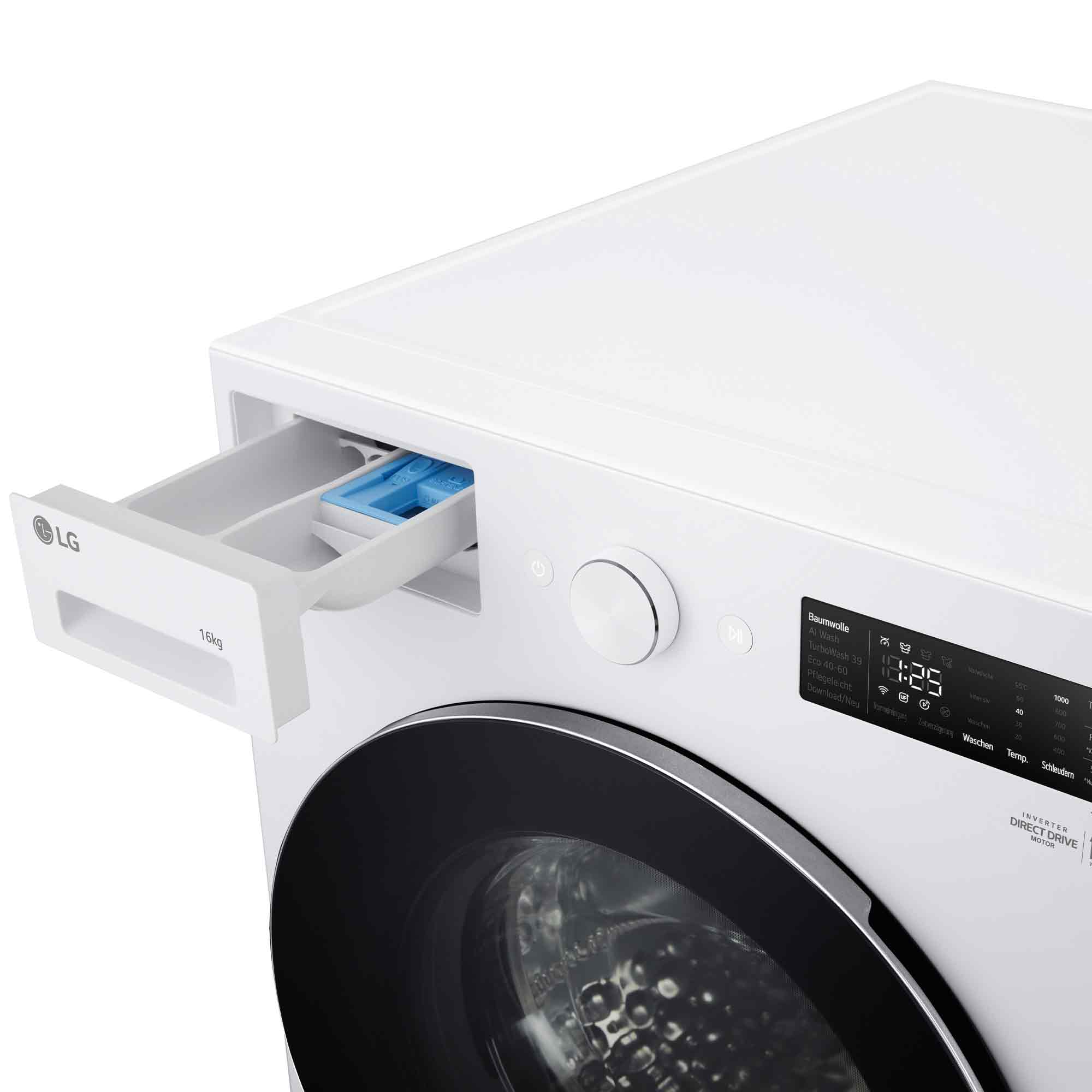 Eine weiße Waschmaschine mit geöffnetem Waschmittelbehälter, Drehregler und digitalem Bedienfeld.