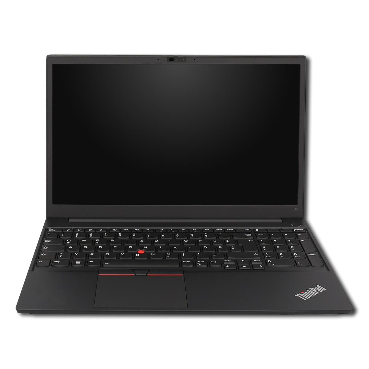 Ein schwarzer Lenovo ThinkPad Laptop mit geschlossenem Bildschirm auf einem weißen Hintergrund.