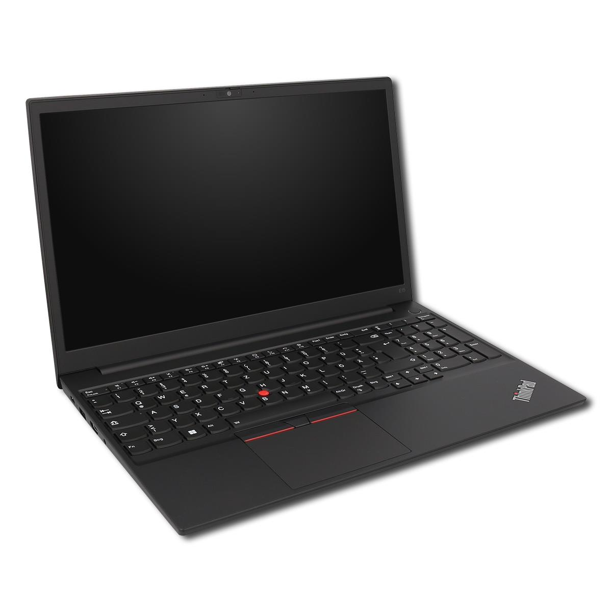Ein schwarzer Laptop mit geöffnetem Deckel, dunklem Bildschirm und vollständiger Tastatur auf weißem Hintergrund.