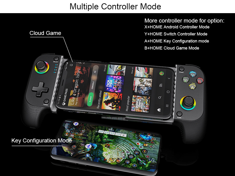Smartphone im mobilen Gaming-Controller mit verschiedenen Controller-Modi und Tastenbelegungen.