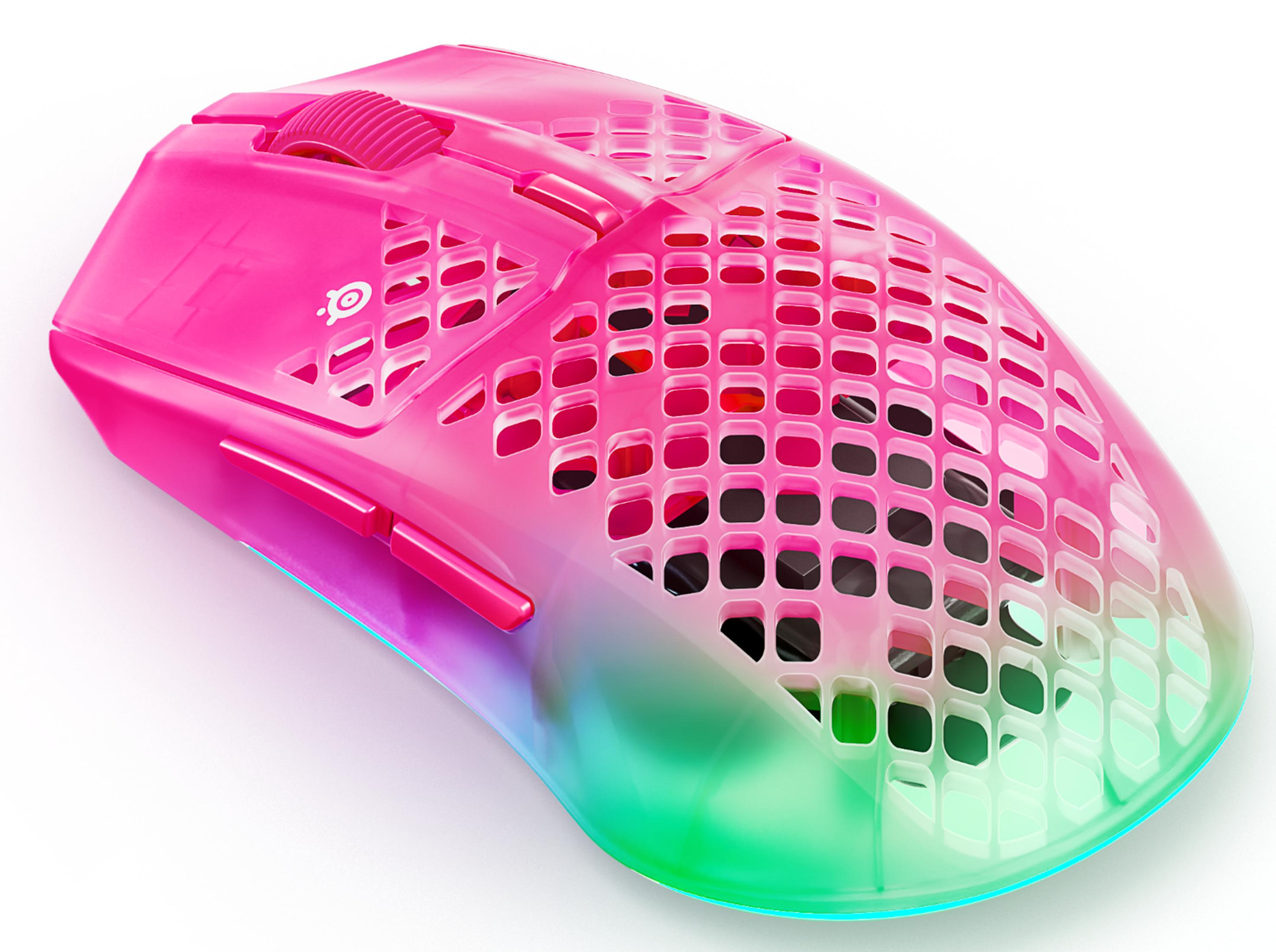Eine pinke und grüne Gaming-Maus mit Wabenmuster auf weißem Hintergrund.