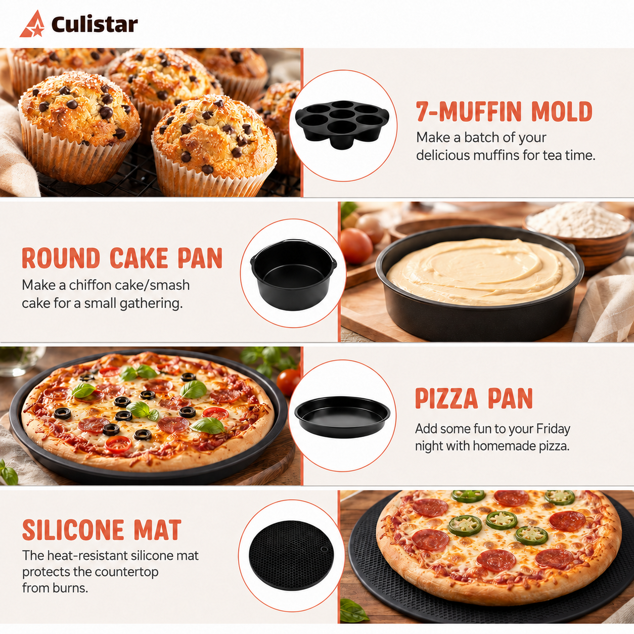 Culistar Küchenutensilien Werbung mit Muffins, Kuchenform, Pizzapfanne und Silikonmatte mit Produktdetails.