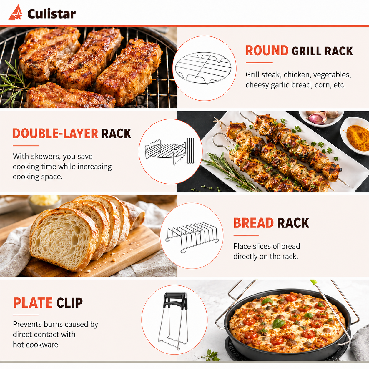 Culistar Produktwerbung mit rundem Grillrost, doppelstöckigem Rost mit Spießen, Brotregal und Plattenklammer.