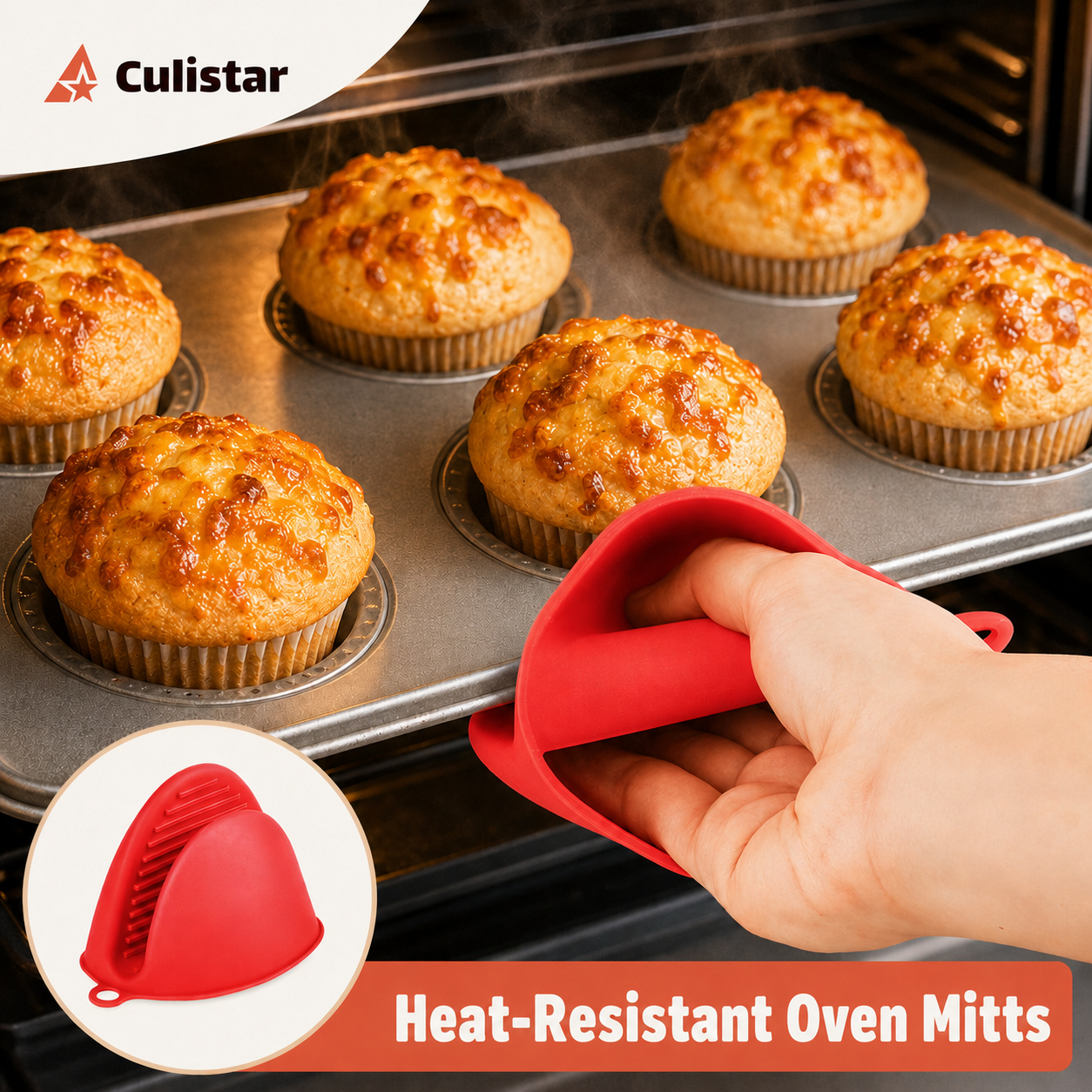 Goldbraune Muffins in einer Backform im Ofen, mit einer Hand in rotem Silikonhandschuh.