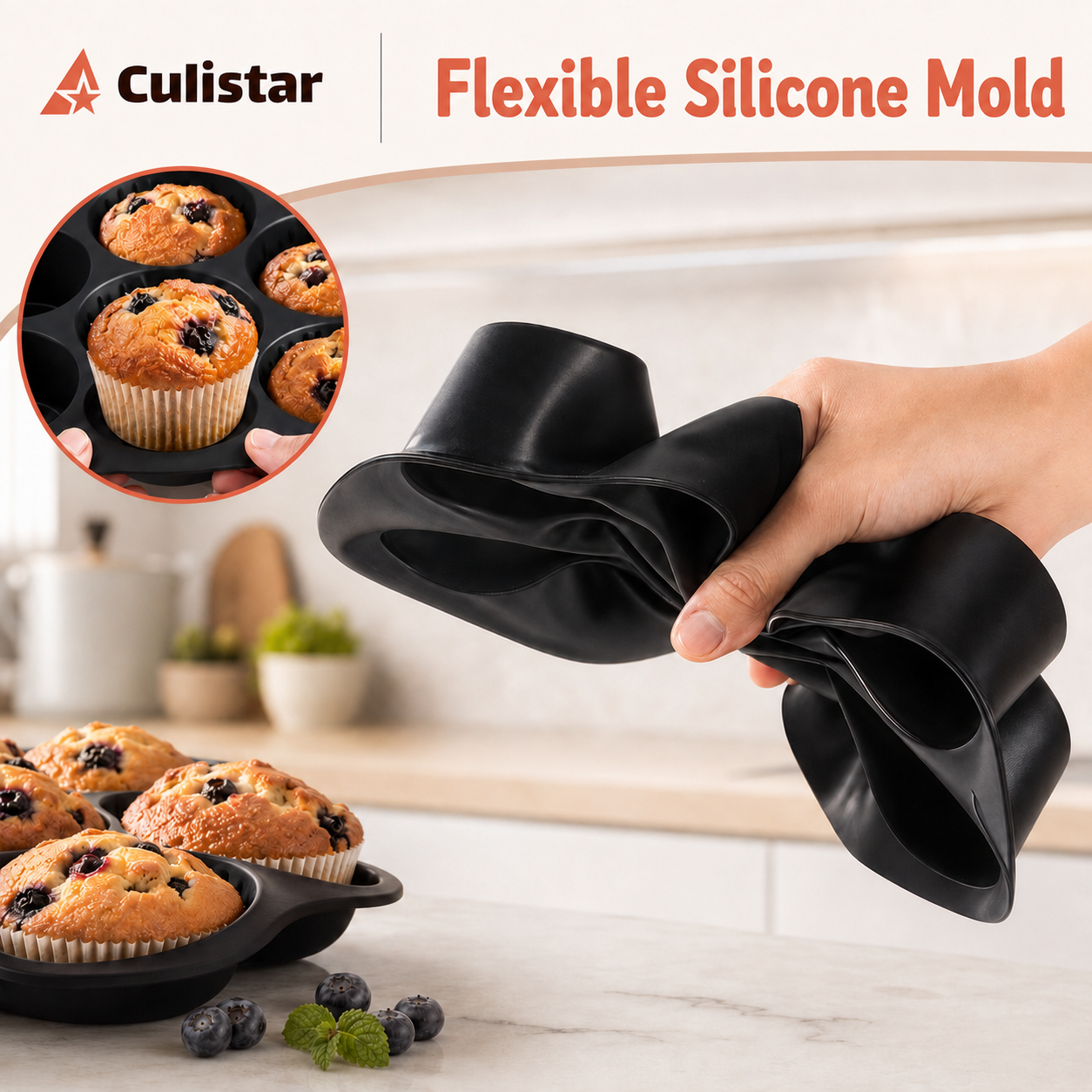 Eine Hand biegt eine schwarze Silikonbackform, während frische Blaubeermuffins auf der Arbeitsplatte stehen.