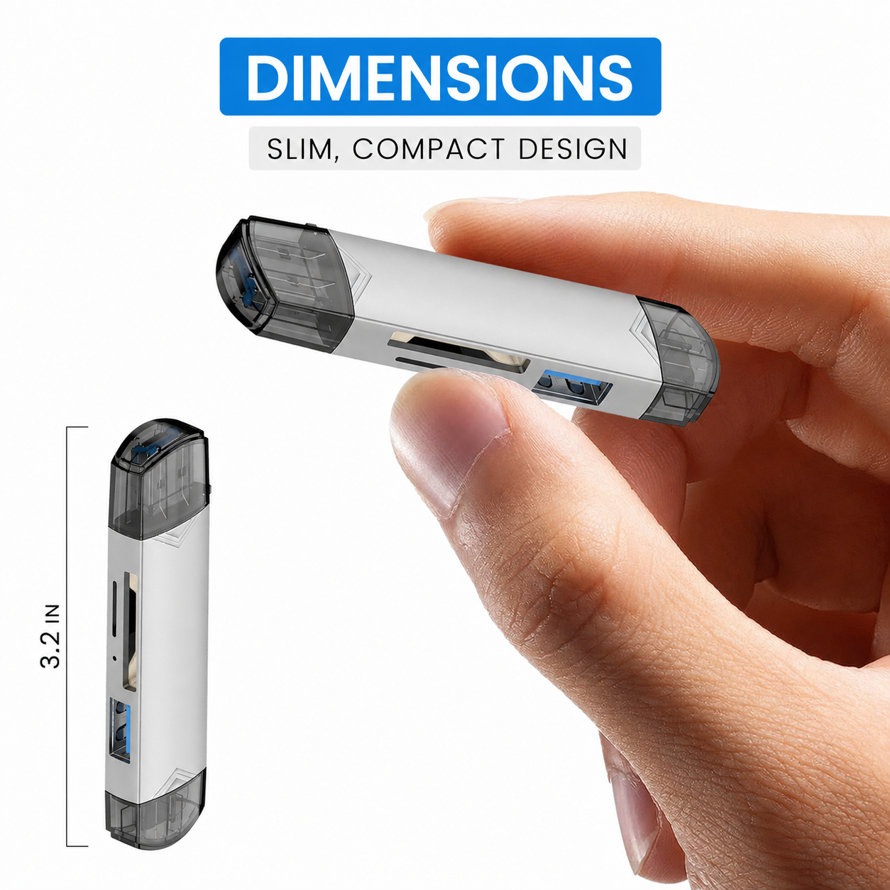 Eine Hand hält einen silbernen USB-C-Hub mit Kappen, Text oben zeigt Abmessungen und Design.