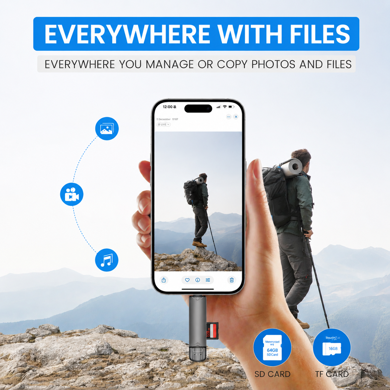 Hand hält Smartphone mit Bergbild, verbunden mit einem USB-Stick mit SD- und TF-Karten.