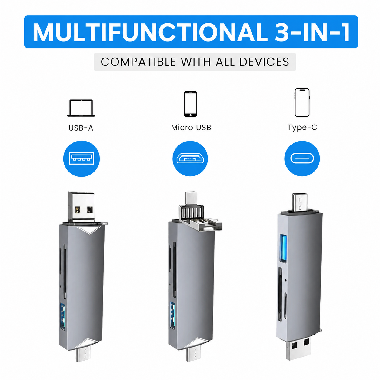 Ein multifunktionaler 3-in-1-Adapter mit USB-A-, Micro-USB- und Typ-C-Anschlüssen vor weißem Hintergrund.