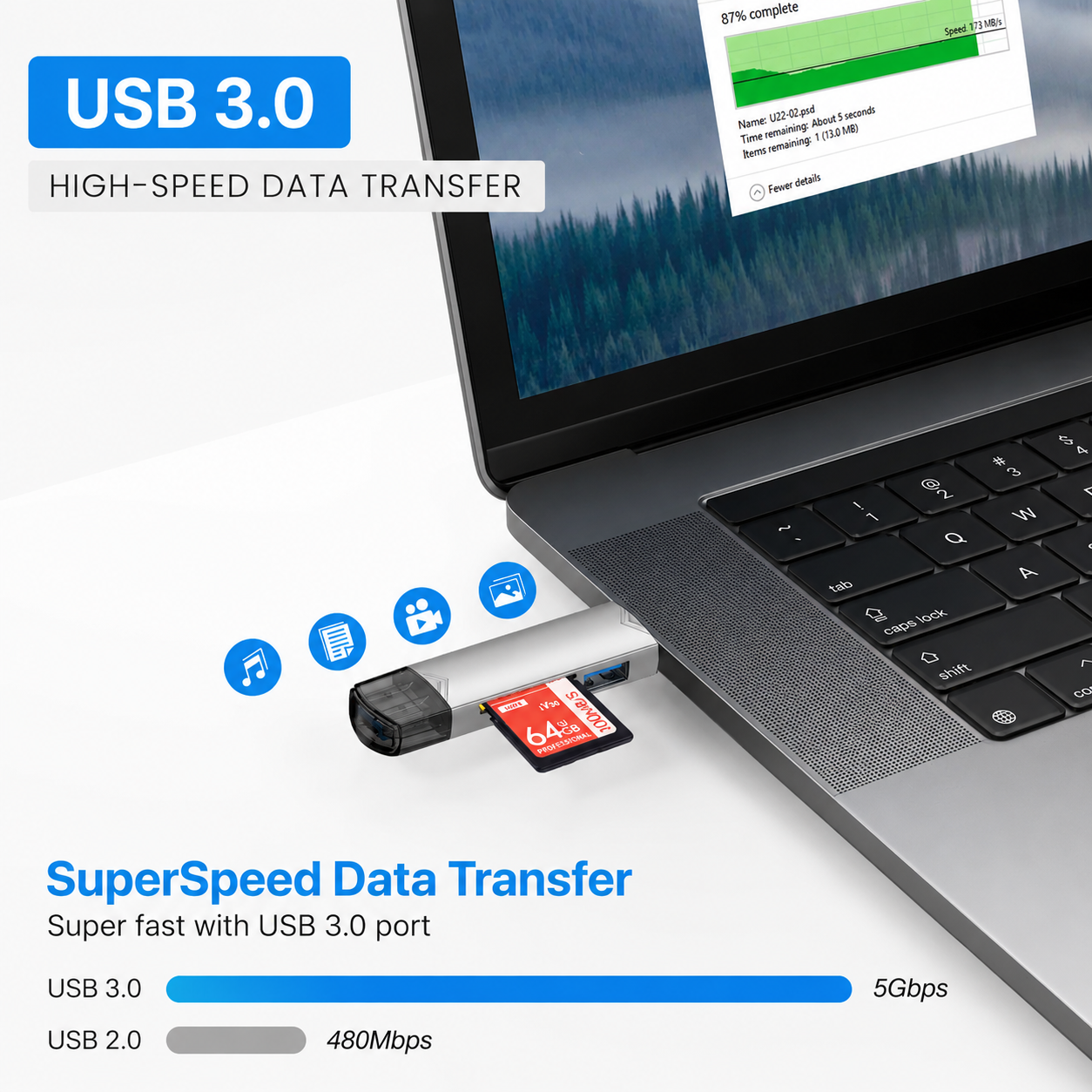 Ein USB-3.0-Multiport-Adapter in einem Laptop mit SD-Karte und Grafiken zur Datenübertragung.