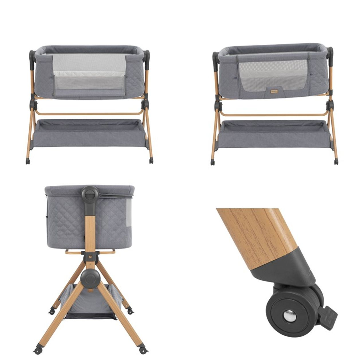 Graues Babybett mit Holzbeinen und Rollen in verschiedenen Ansichten.