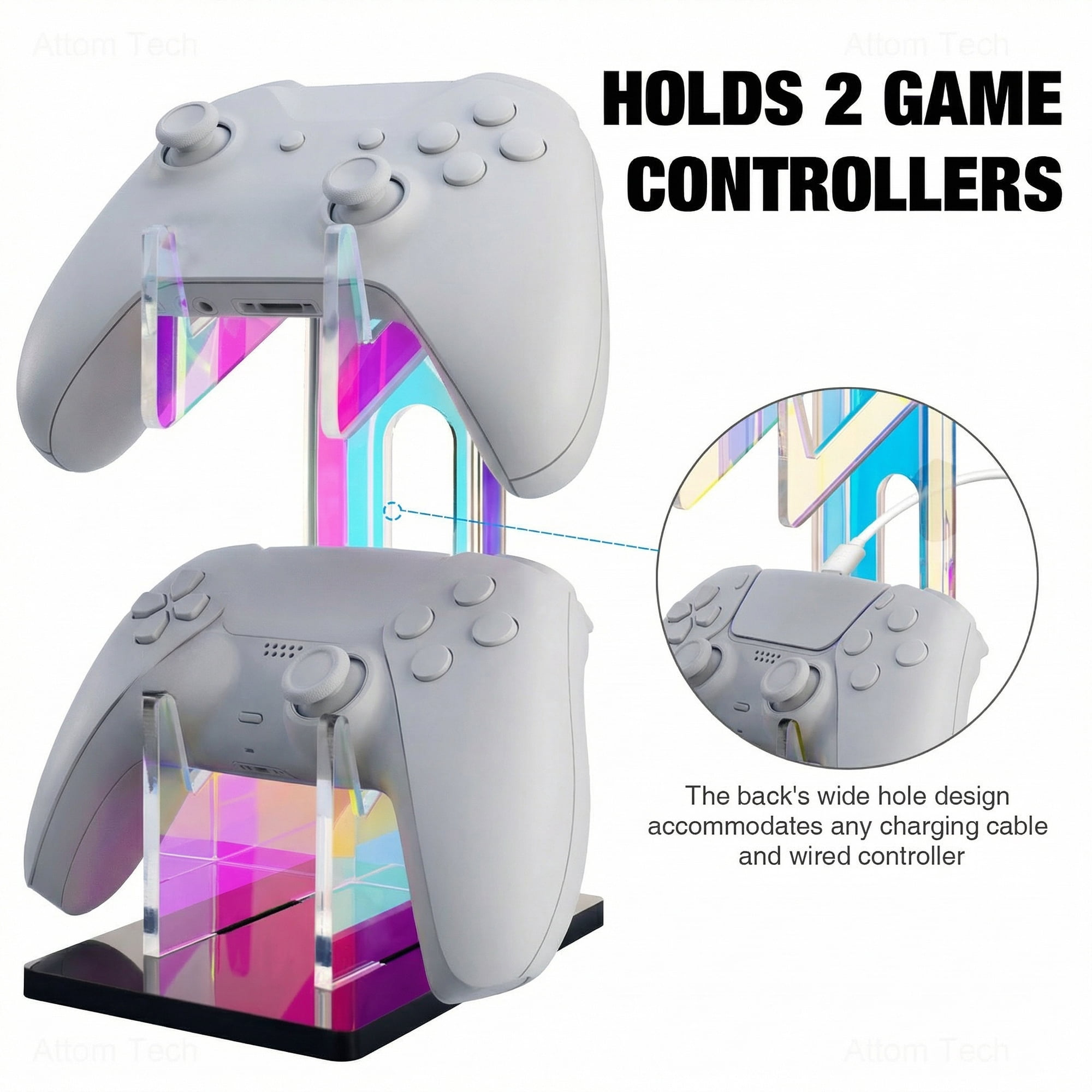 Transparenter Acrylständer mit Regenbogenakzenten, der zwei weiße Gamecontroller hält.