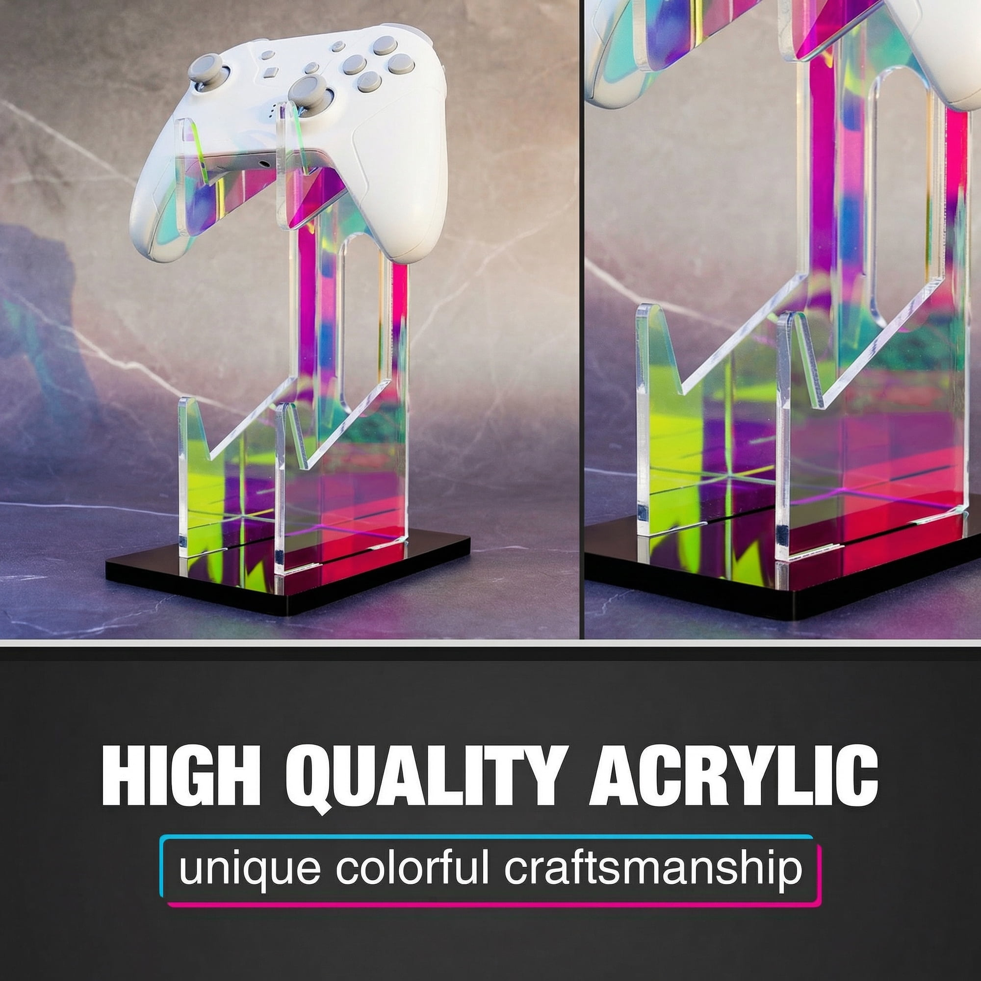 Ein weißer Controller ruht auf einem bunten Acryl-Gamer-Ständer vor einem dunklen Hintergrund.
