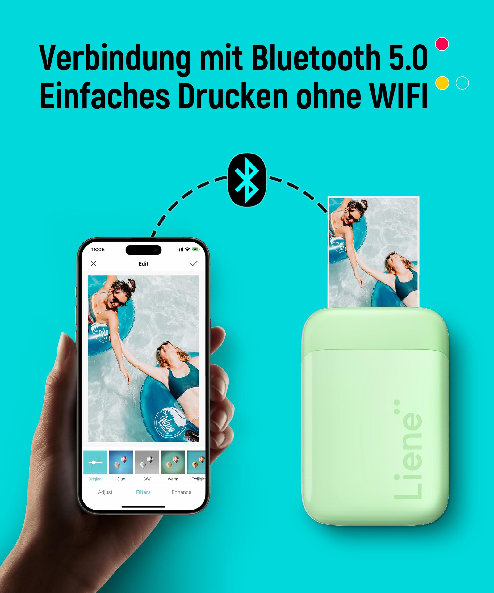 Ein Smartphone per Bluetooth mit einem grünen Liene Minidrucker verbunden, der ein Foto ausdruckt.