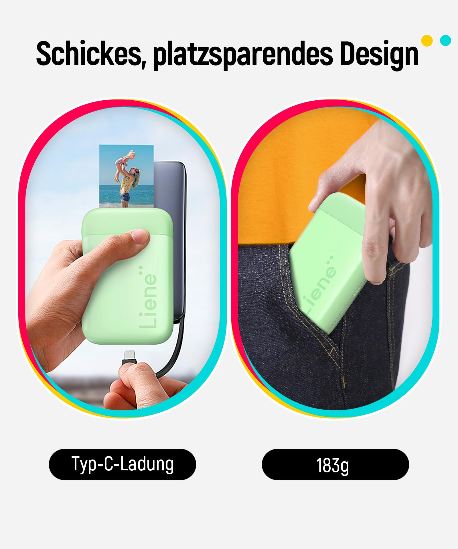 Ein grüner Liene-Mini-Drucker mit Typ-C-Kabel und kompakter Tasche.